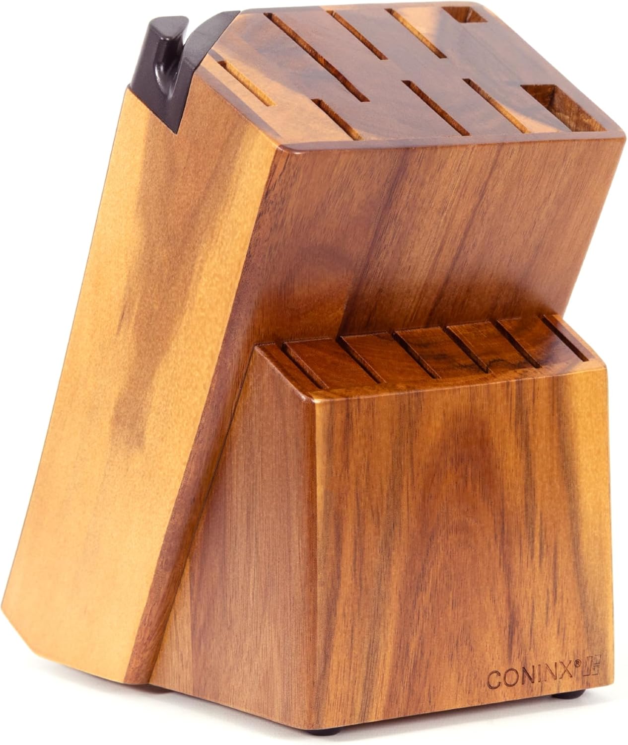 Coninx Universal Knife Block with Built-In Sharpener – 15-Slot Acacia Wood Knife Organizer Stand for Kitchen Counter – Non-Slip Holder Fits Chef, Bread, Steak Knives & Scissors