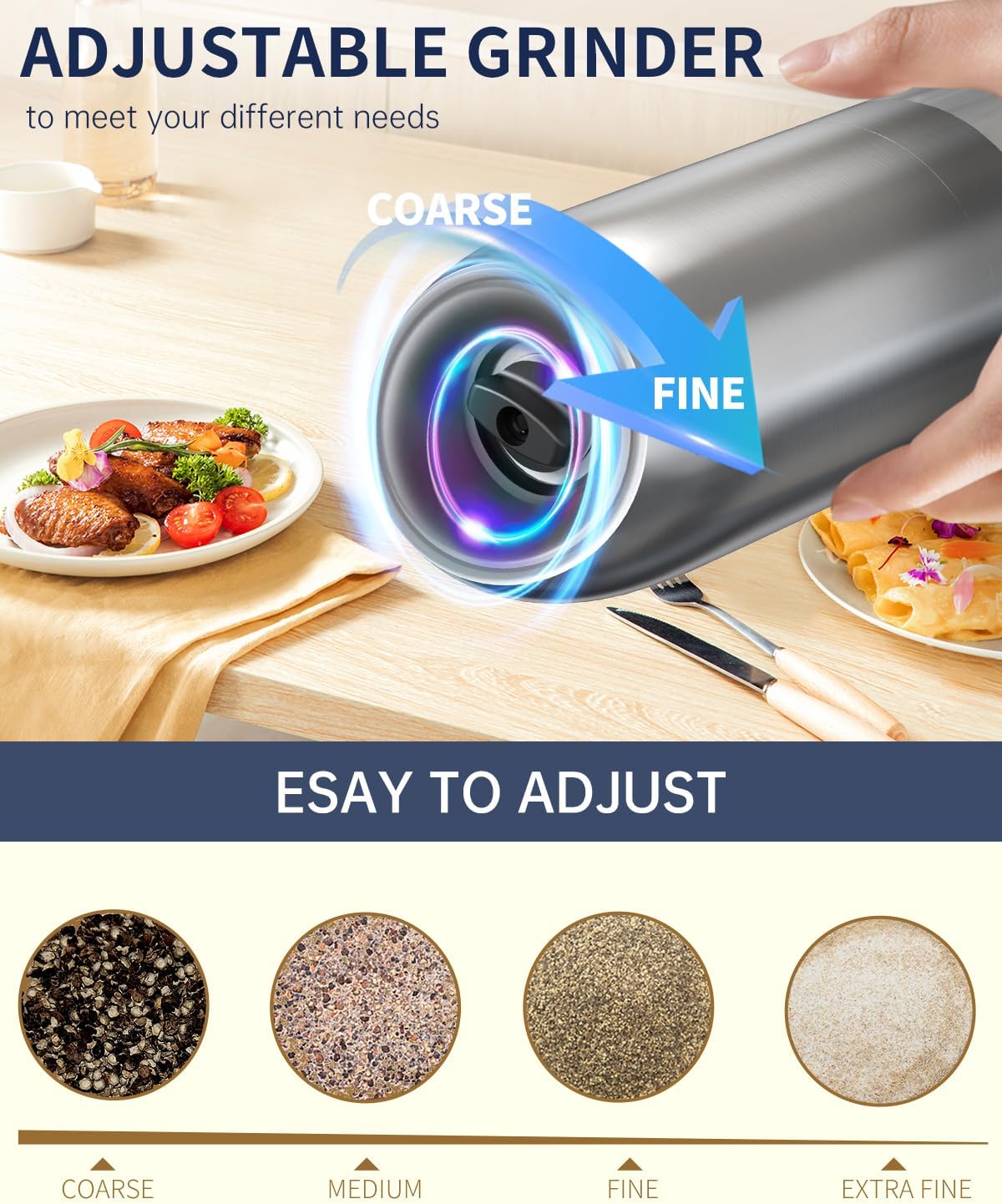 CIRCLE JOY Gravity Electric Salt and Pepper Grinder Set Battery Powered Stainless Steel Pepper Mill Grinder with 176ml Container, Adjustable Coarseness, Bright LED Light and One Hand Operation, Silver