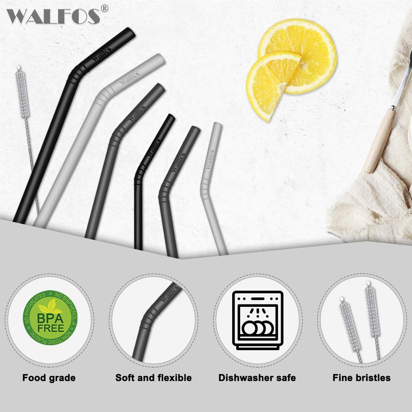Walfos Silicone Straws - Reusable straws Bendy straws for Smoothies/20 & 30 oz Tumblers, BPA Free. 2 Size (3pcs Wide S + 3 pcs Regular + 2 Cleaning Brushes）