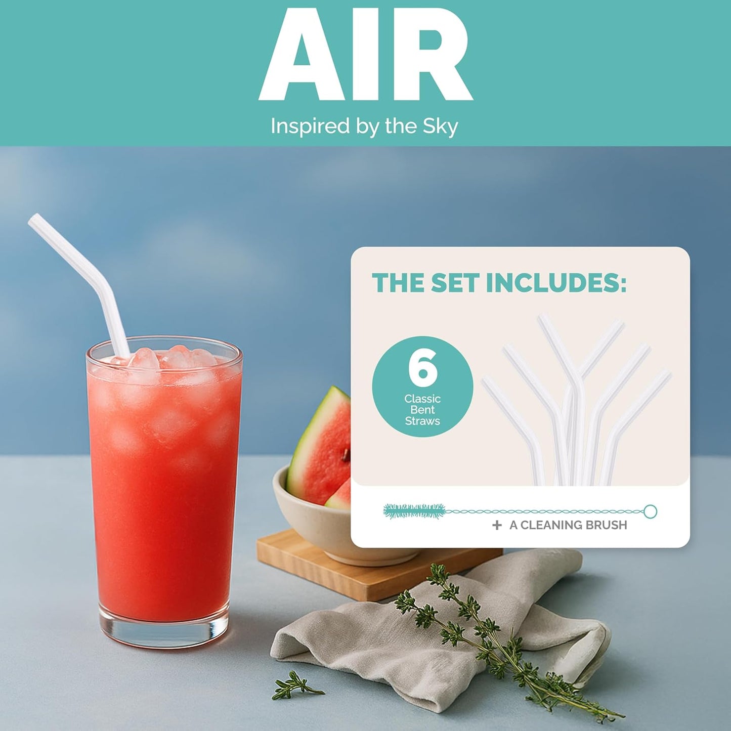 Simply Straws 8 Inch Glass Straws Bent (6-Pack) – Reusable Glass Straws for Pints & Juice Drinkware, with Cleaning Brush – Dishwasher Safe, Hot & Cold Use, BPA-Free (Air)