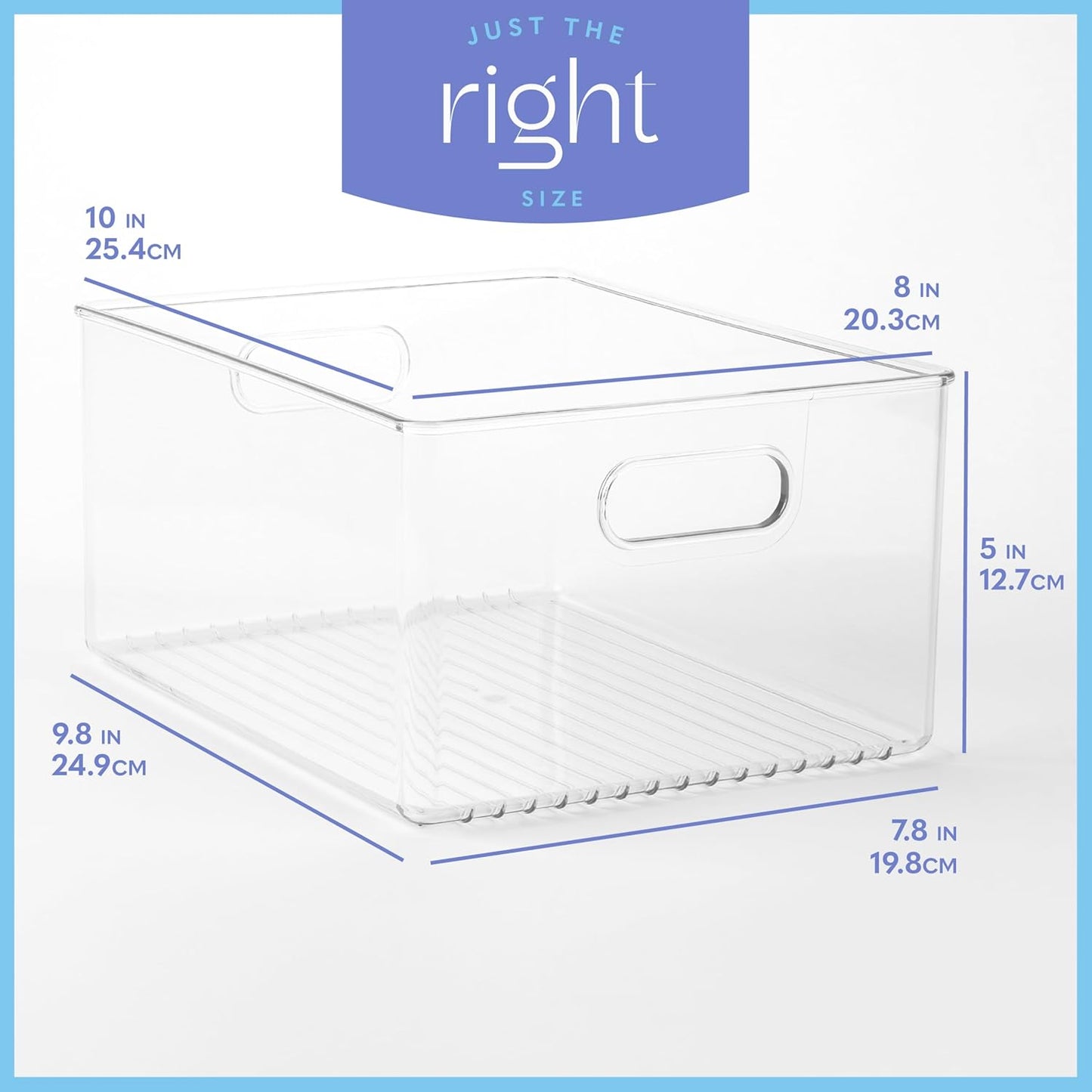 Plastic Food Storage 6 Pack Clear Container Bin with Handles for Organizing Kitchen, Pantry, Refrigerator, Freezer, Pantry, Cabinet, Closet, Bathroom 10”x8”x5”