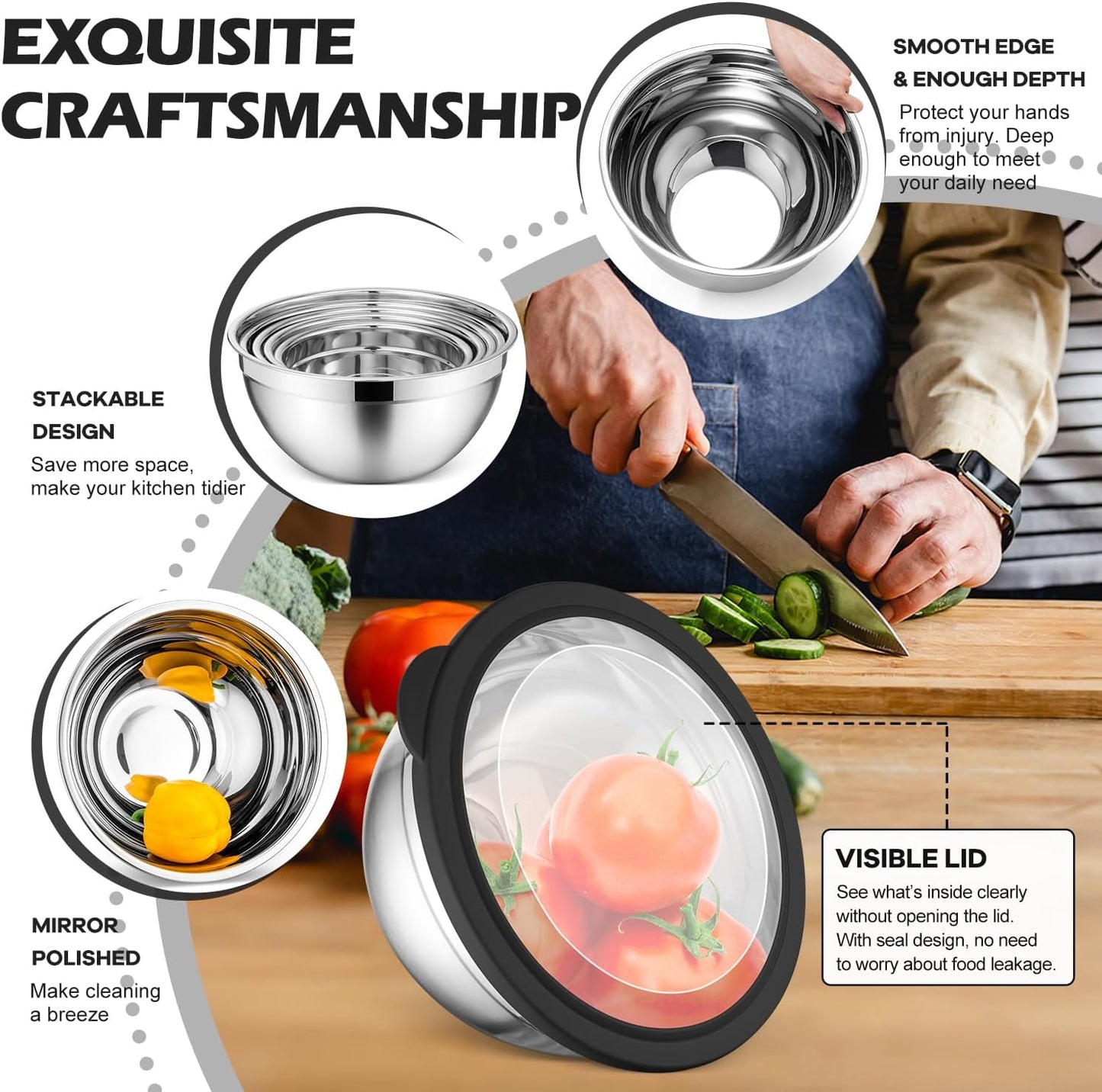 E-far Mixing Bowls Set of 7, Stainless Steel Mixing Bowls with Airtight Clear Lids, Metal Nesting Bowls for Kitchen Prep, Baking, Serving, Dishwasher Safe, Size 4.6, 3.5, 3, 2, 1.5, 1, 0.7QT, Black