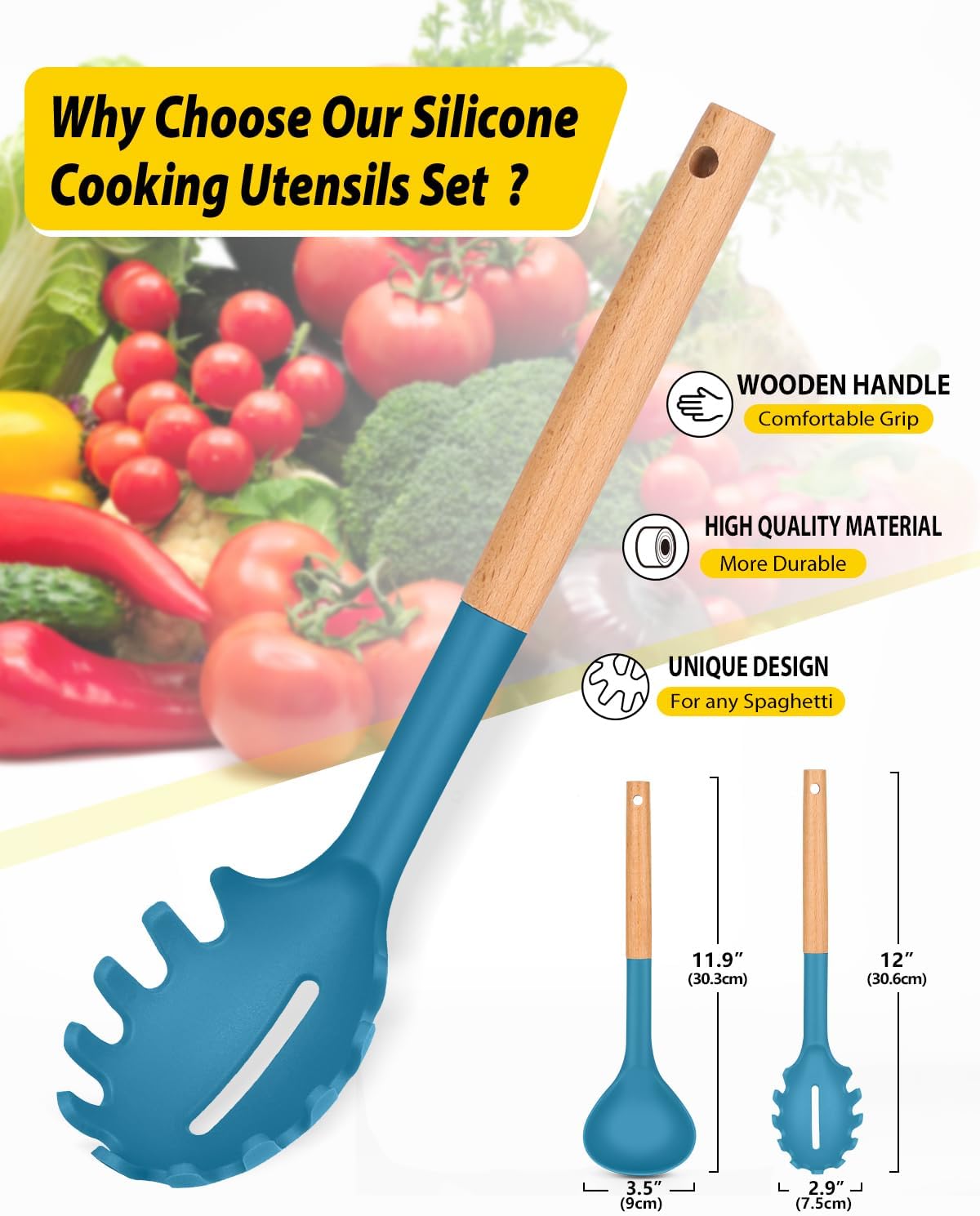 Silicone Pasta Fork and Ladle Spoon Set with Wooden Handle, Heat Resistant Non Stick Kitchen Utensils for Cooking, Stirring, Serving Spaghetti, Soup, Sauce(BLUE)