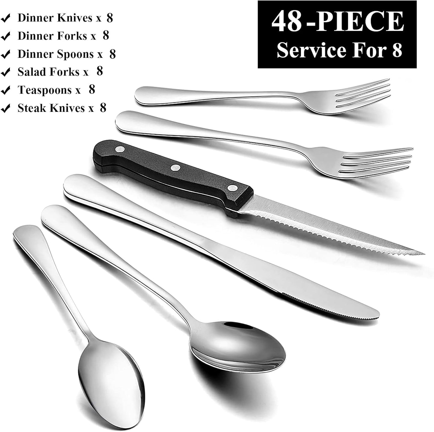 Wildone 48-Piece Flatware Set with Steak Knives, Stainless Steel Silverware Cutlery Set Service for 8, Tableware Eating Utensils Include Knives/Forks/Spoons, Mirror Polished, Dishwasher Safe