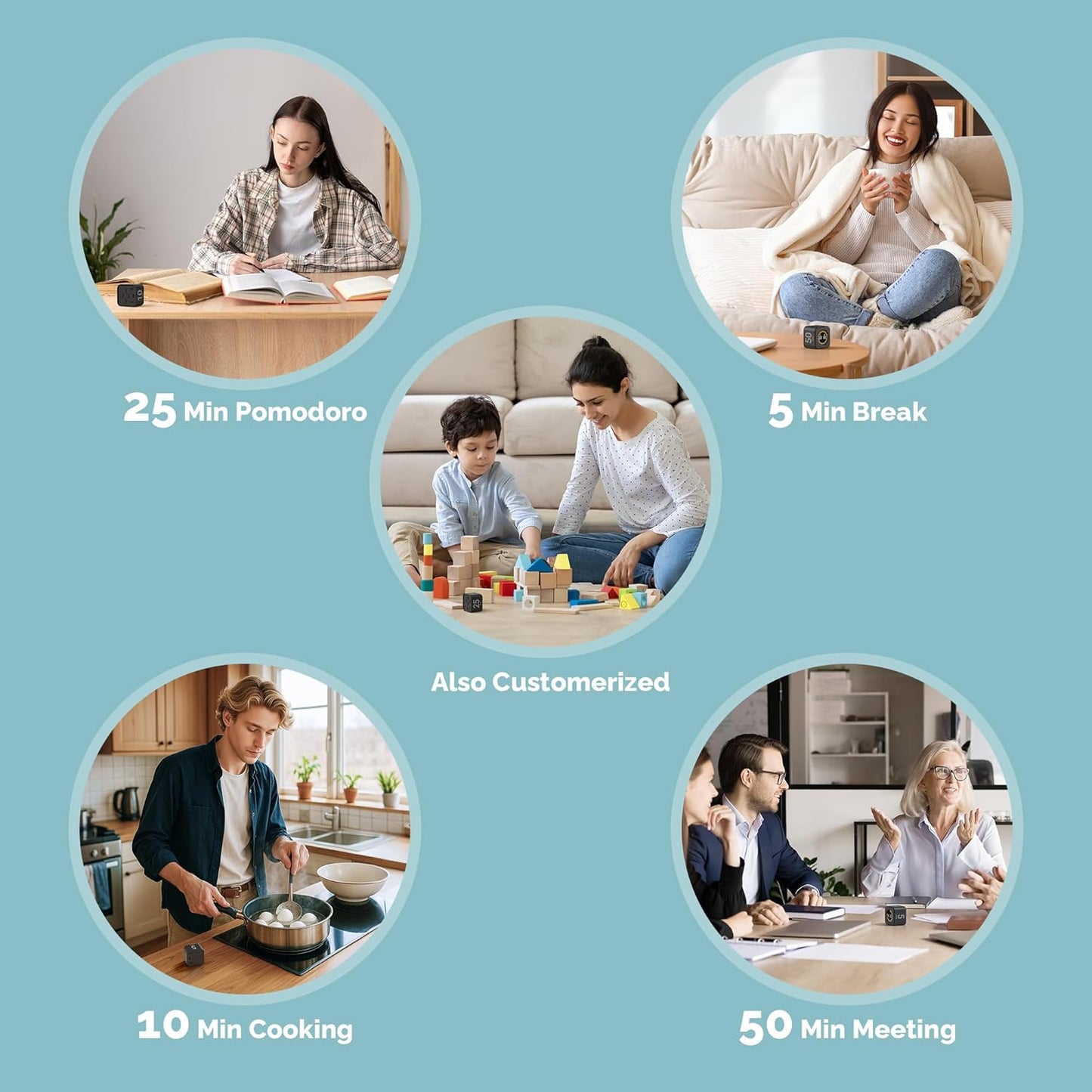 KADAMS Pomodoro Cube Timer Productivity Visual Timer - 5/10/25/50 Min Rotating Countdown, Customize Countup Silent Mode- for Work Study Cook Workout Kitchen Back to School Classroom(Black)