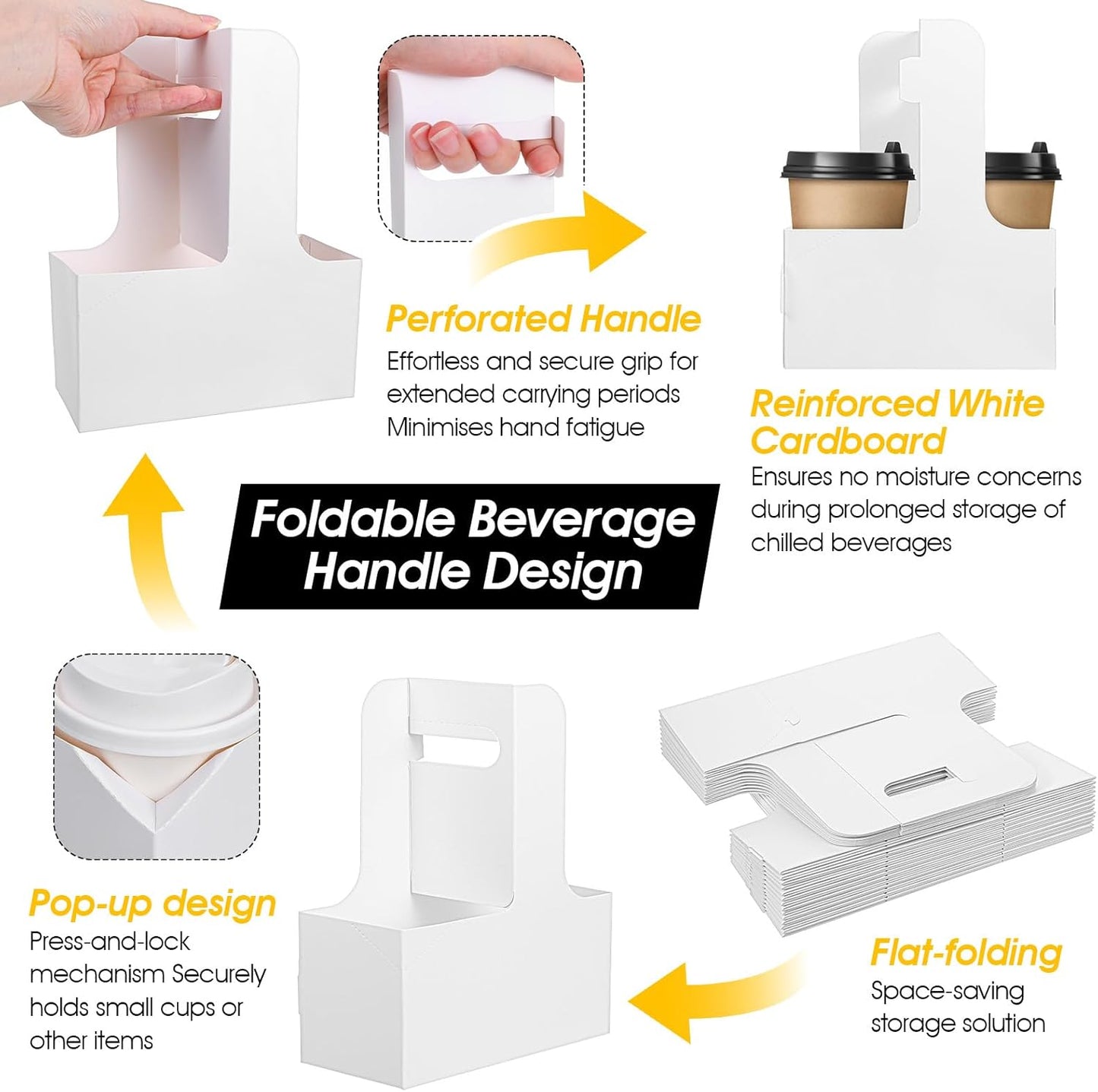 30 Pack 2-Cup Drink Carrier with Handle White Disposable Paper Cup Holder Cardboard 12-30 oz Take Out Cups Carriers for Hot and Cold Drinks Coffee Food Flowers Delivery