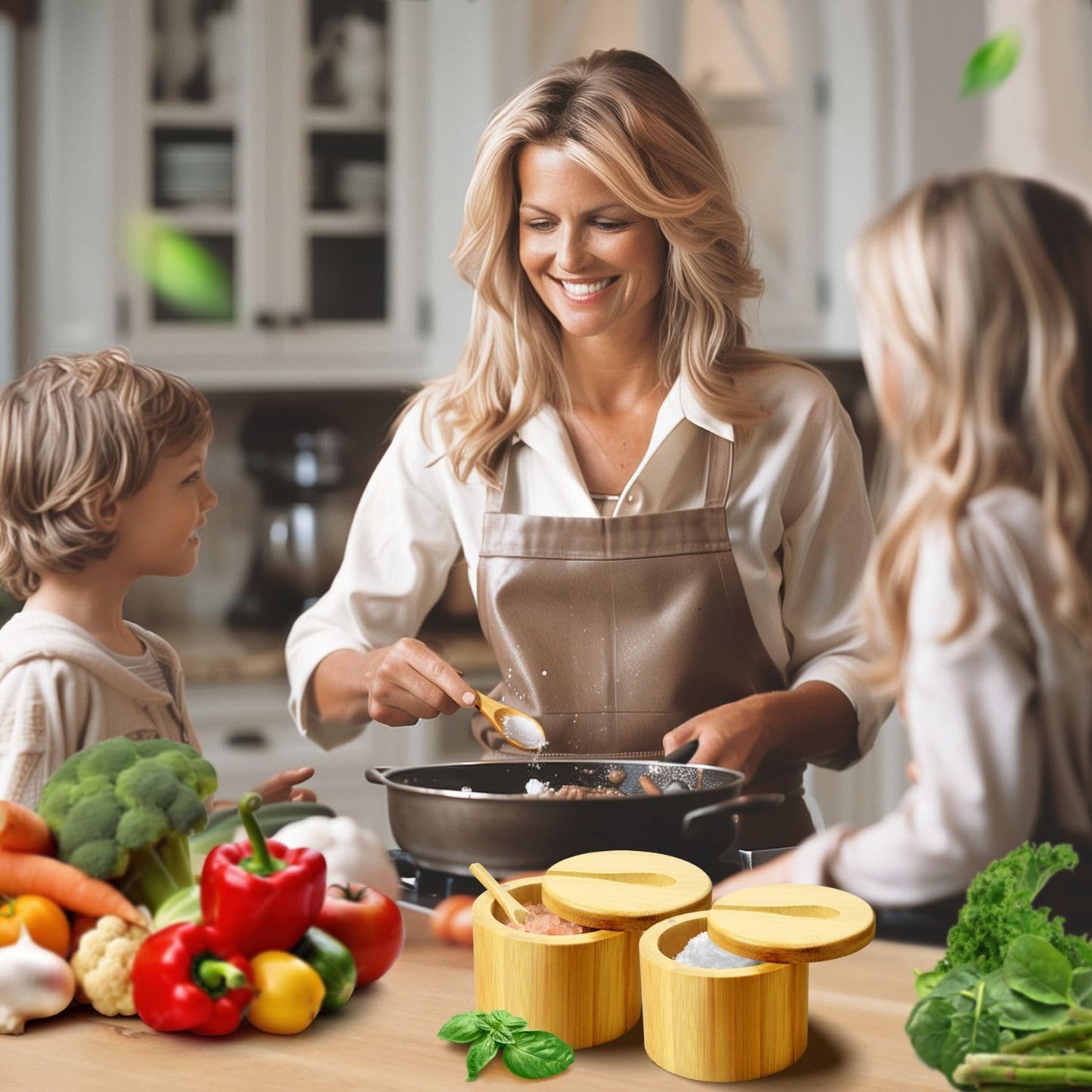 Flexzion Bamboo Salt Cellar with Lid and Spoon - Salt and Pepper Containers for Paprika, Herbs, Spice, Sugar - Bamboo Pepper Jar Storage Box Holder w/Magnetic Swivel Lid for Kitchen, 6 oz (Set of 2)