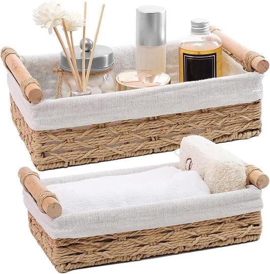 Round Paper Rope Storage Basket, Wicker Baskets for Organizing with Handle, Decorative Bins for Countertop, Toilet Paper Basket for Toilet Tank Top, Small Baskets Set (Set of 2,Beige)