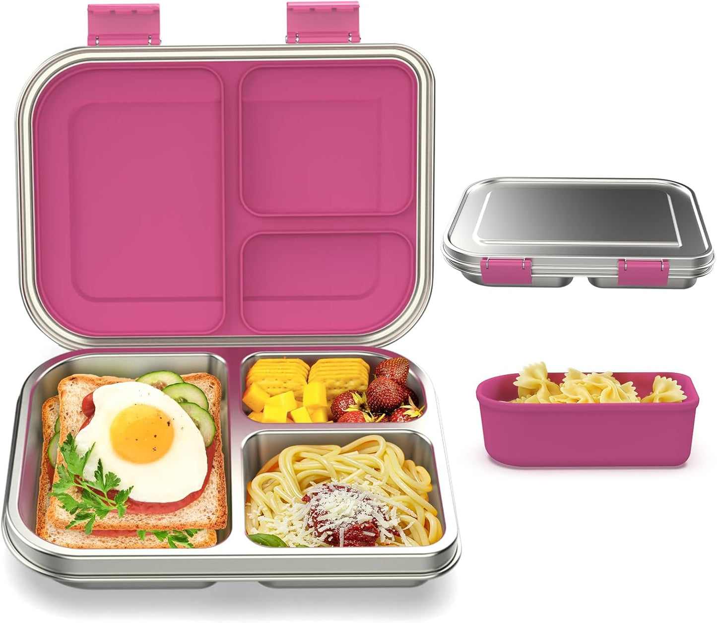 Stainless Steel Bento Box Kids, 3 Compartments Leak Proof Metal Bento Lunch Box, 304 Stainless Steel Bento Lunch Containers for School and Office,Dishwasher Safe, BPA-Free-Pink