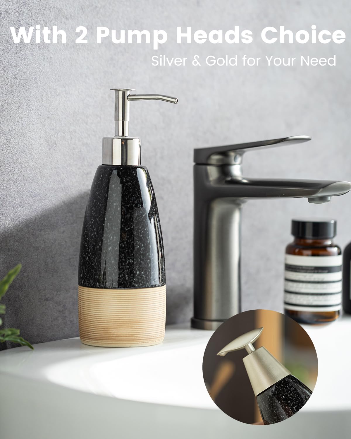 Ceramic Dish Soap Dispenser with Plastic Pump & Stainless Steel Pump for Hand Soap, Shampoo, Lotion, Conditioner, 12 oz Refillable Soap Bottle with Silicone Funnel for Bathroom & Kitchen, Black