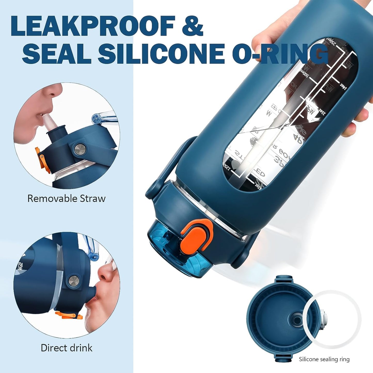 kytffu 56oz Glass Water Bottles with Straw, Motivational Glass Bottle with Silicone Sleeve and Time Marker, Leakproof Large Glass Water Jug for Gym Home Office,Blue