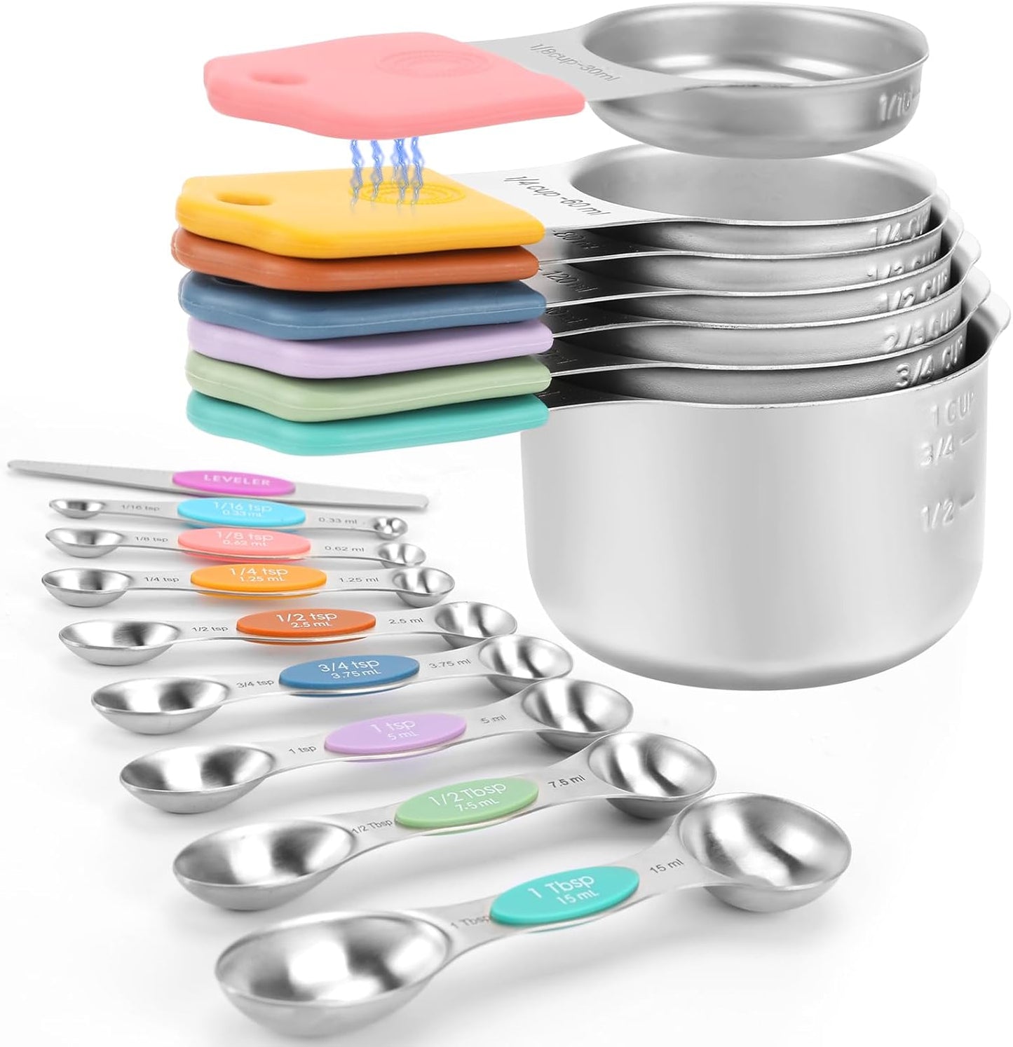 Magnetic Measuring Cups and Spoons Set-Heavy Duty 304 Stainless Steel，Double Measurement Markings，Set of 16 with Leveler for Measure Dry and Liquid Ingredients