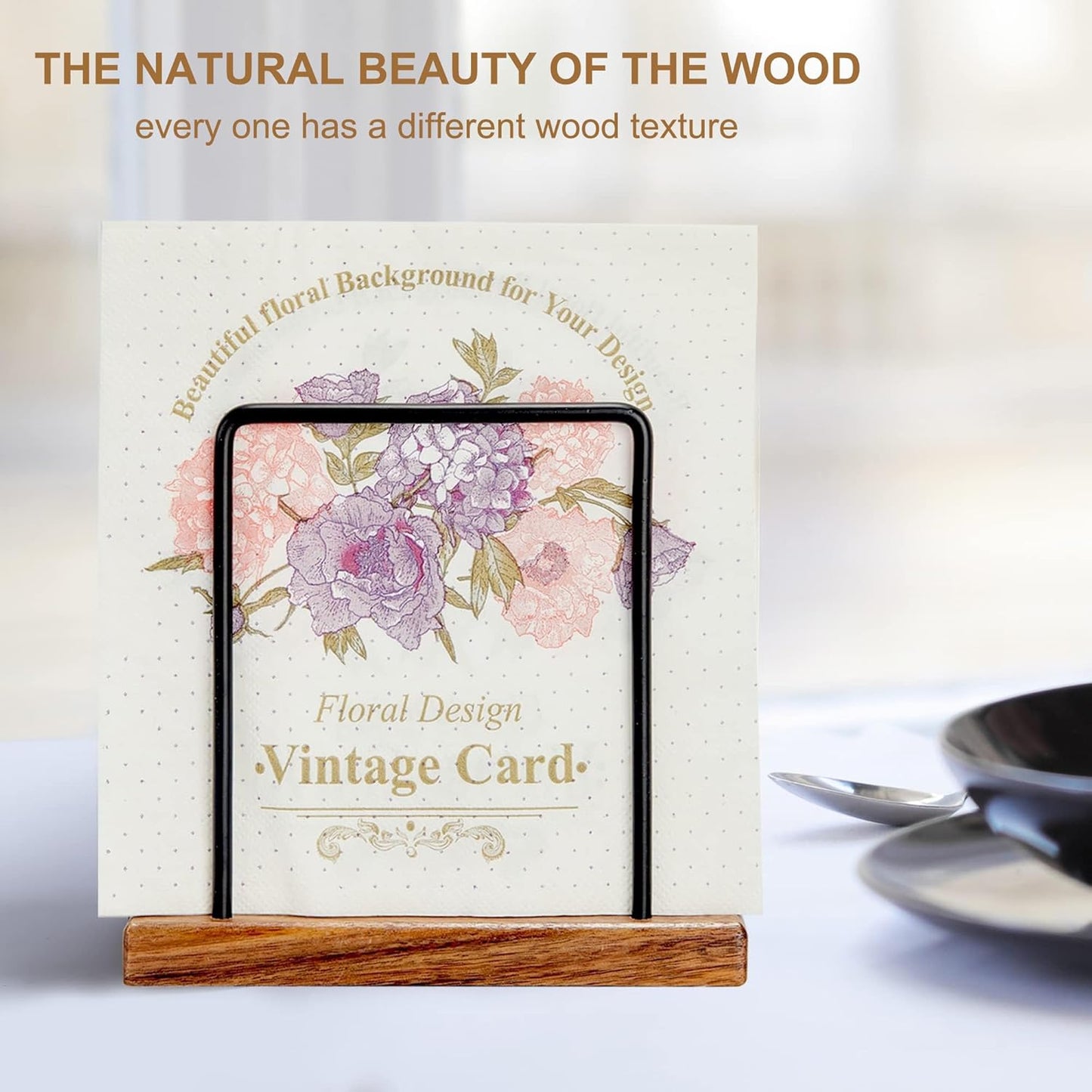 Acacia Wood Napkins Holder with Metal Wire, Standing Napkin Holder for Table, Kitchen & Dining Room Décor