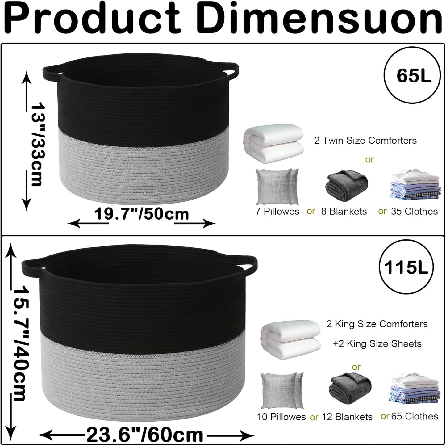 Large Blanket Basket for Organizing,115L Closet Organizers and Storage Bins Box for Shelves Woven Rope Storage Baskets,Living Room,Bedroom,Dorm,Laundry room (Black&Light Grey)