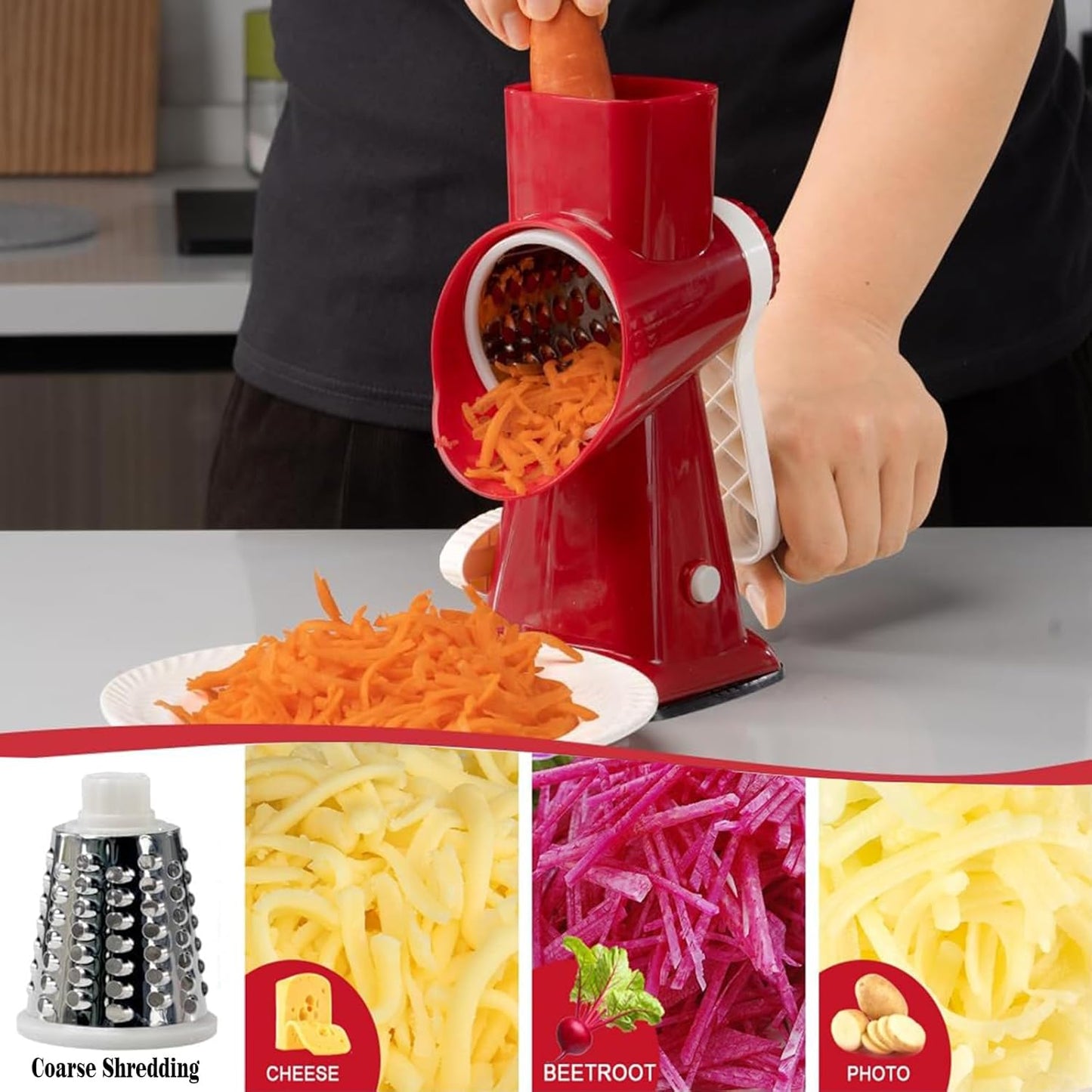 Rotary Cheese Grater Multi-Purpose Stainless Steel Cheese Shredder - Cheese Grater With Handle Effortless Grating of Carrots, Potatoes, Vegetables, and Fruits (Red)
