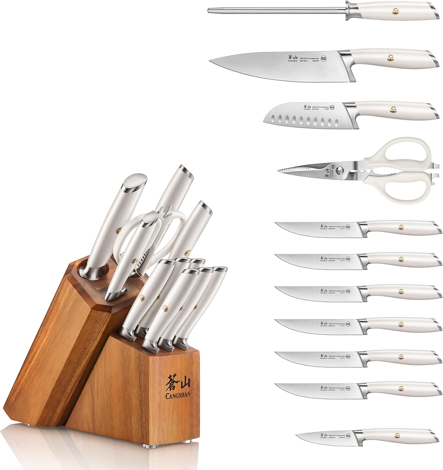 Cangshan L1 Series White 1026078 German Steel Forged 12-Piece Knife Block Set with 6 Steak Knives, Acacia Block