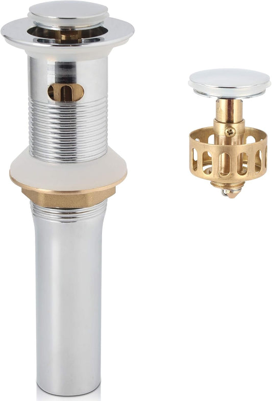 Polished Chrome Pop Up Sink Drain with Overflow, Bathroom Faucet Vessel Vanity Sink Drain with Detachable Basket Stopper