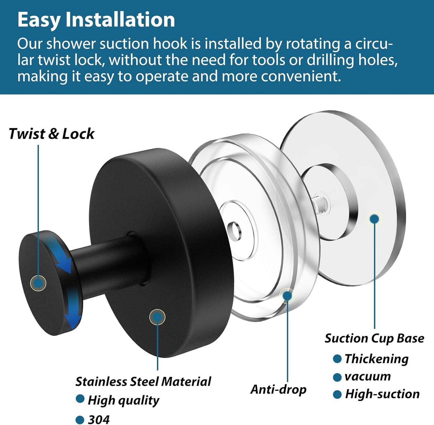 Suction Cup Hooks for Shower, 4 PCS No-Drill Towel Holder for Bathrooms Wall, Glass Door, Mirror, Tiles, Kitchen, Hold Robe & Wreath, Hanging up to 15 lbs – Waterproof & Rustproof, Matte-Black