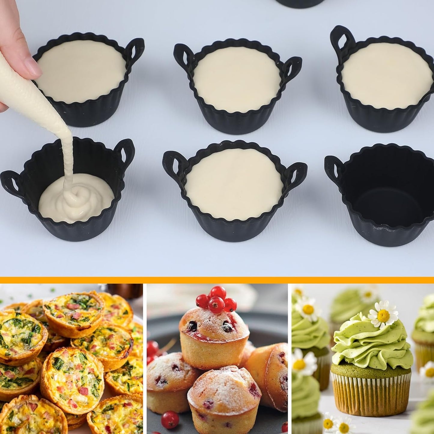 Koluti Reusable Silicone Baking Cups Set of 12, Nonstick Muffin Cupcakes Mold with Double Handle, BPA Free, Mini Round Air Fryer Cupcake Liners, Black