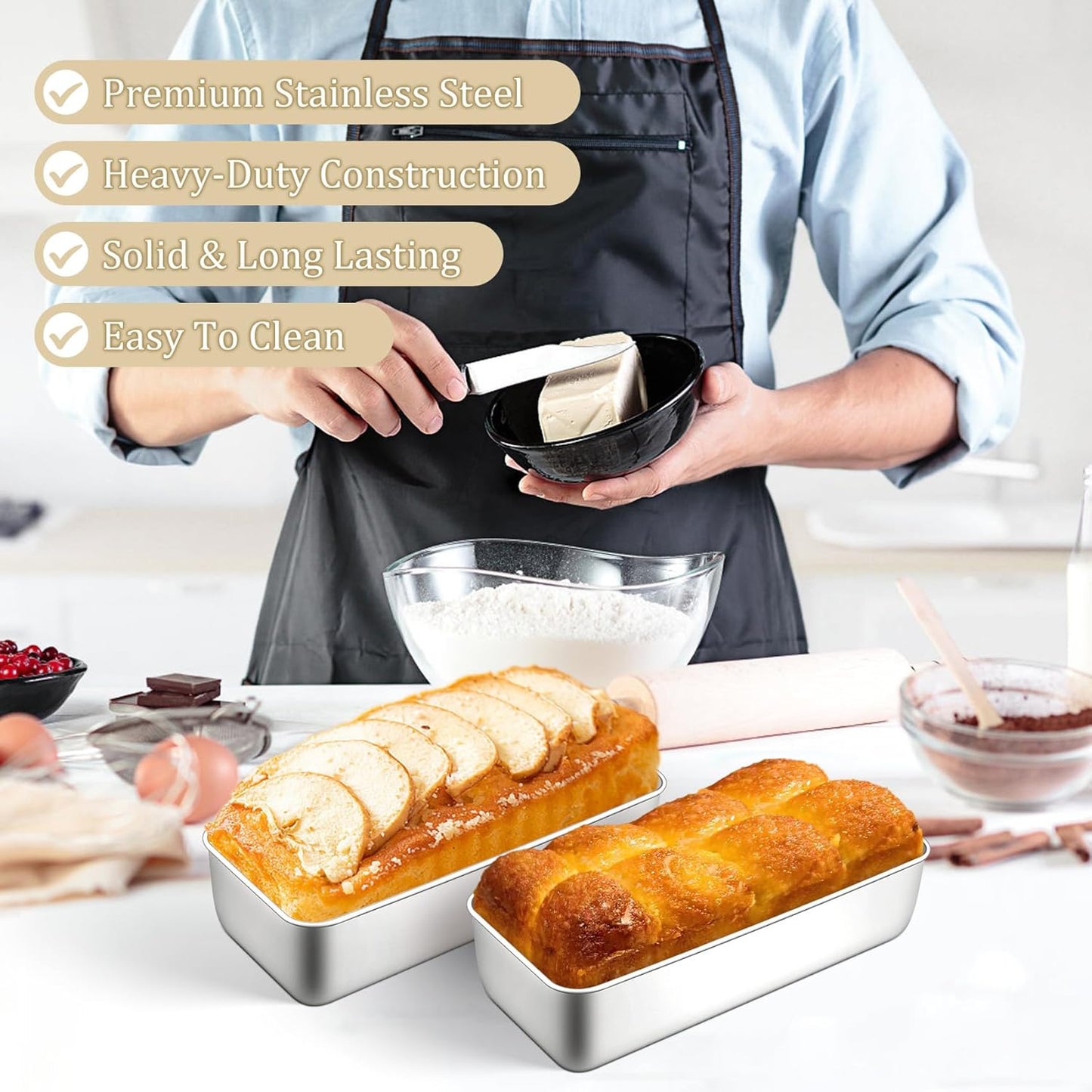 TeamFar Loaf Pan, 12 x 5 Inch Stainless Steel Loaf Pans for Baking Bread, 2 Pack Large Bread Loaf Baking Pan for Homemade Bread, Meatloaf, Cake, Brownies, Non-Toxic, Heavy-duty, Oven & Dishwasher Safe