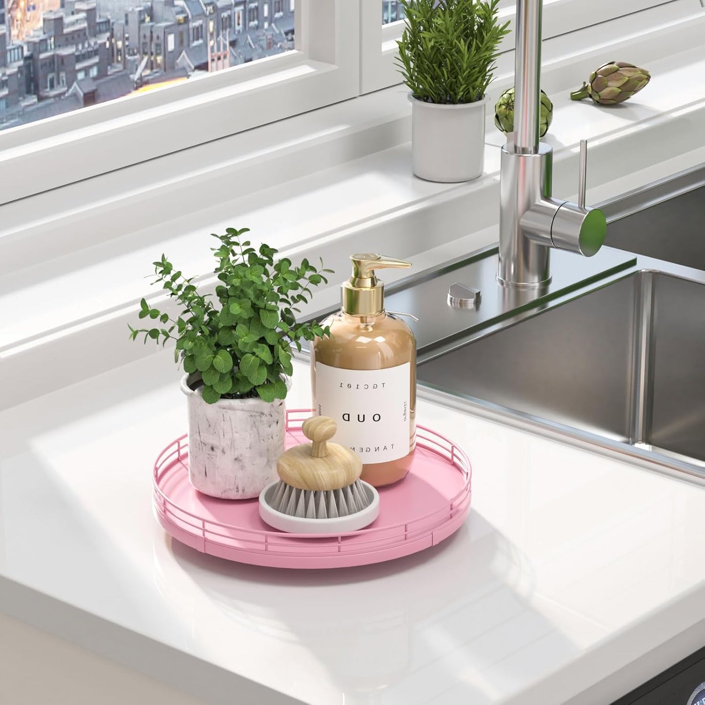 10" Oak Wood Bathroom Tray for Counter, Vanity Tray for Perfume Lotion Candle Makeup Jewelry Sink Soap Holder Turntable Dresser Organizer Countertop Coffee Table Decor Organization and Storage Pink