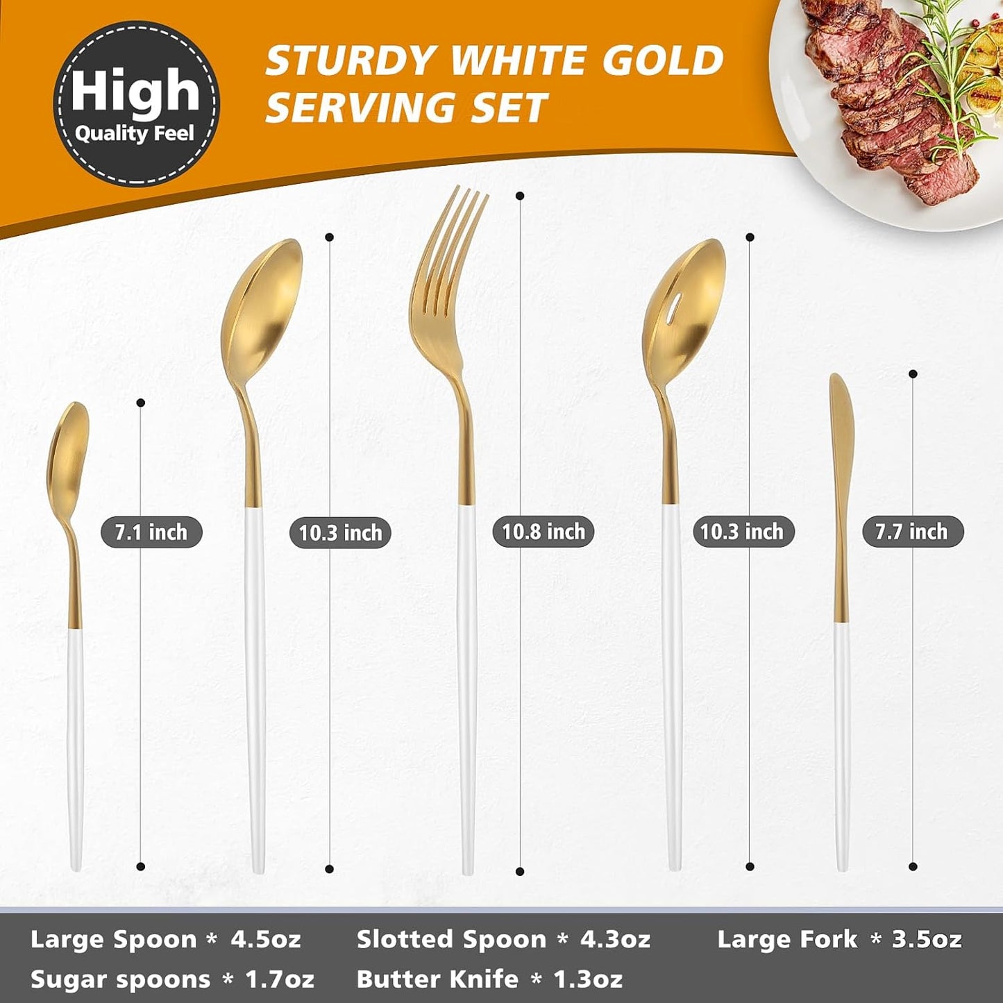 Matte Whitegold Serving Set，Oliviola 5-Piece Stainless Steel Large Hostess Set with Round Edge, Satin Finished, Dishwasher Safe -Large Spoon, Large Fork,Butter Knife，Sugar Spoon & Slotted Spoon