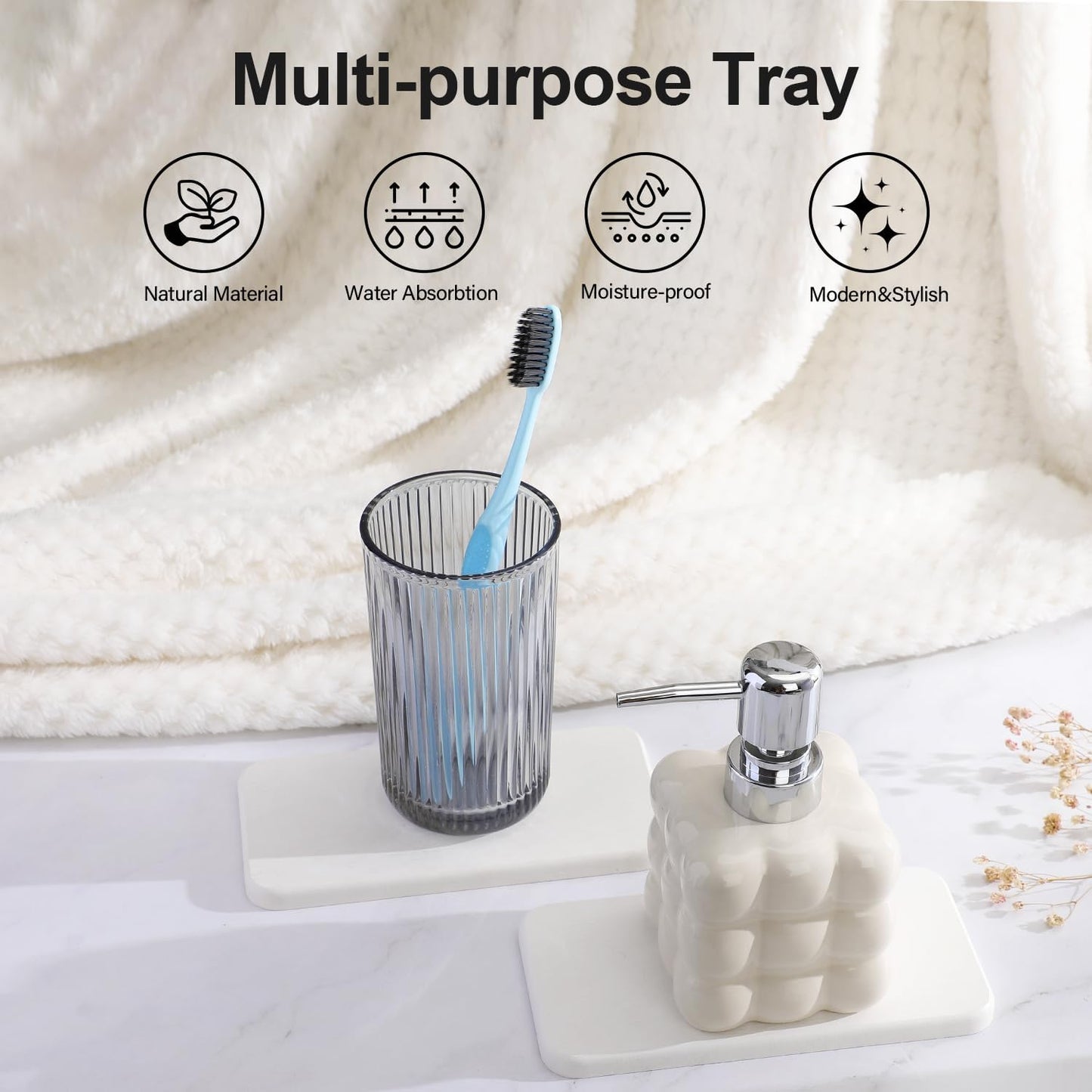 Water Absorbing Stone Tray for Sink | Quick Drying Diatomaceous Earth Coasters | Soap Dish Holder & Toothbrush Holder for Bathroom Counter | Hand Soap & Plant & Toiletries | White 2 Pack