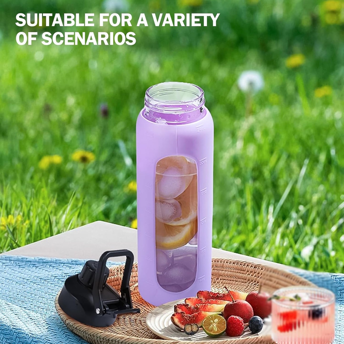 Glass Water Bottle with Straw, 24oz Glass Drinking Bottle with 2 Lids-Bamboo and Spout Lid with Phone Holder Handle for Gym Sports,with Silicone Sleeve and Time Marker,Purple