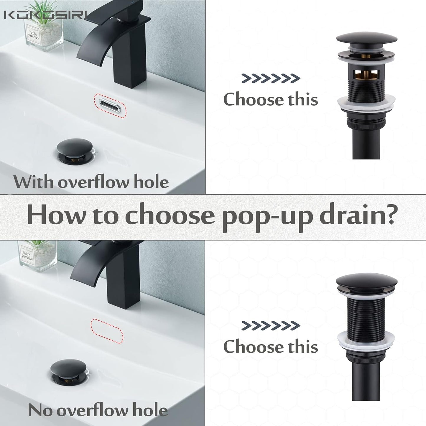 KOKOSIRI Bathroom Sink Drain with Detachable Hair Catcher, Matte Black Pop Up Sink Drain with Strainer Basket Anti Clogging for Vanity Vessel Sink with Overflow, C1001BK