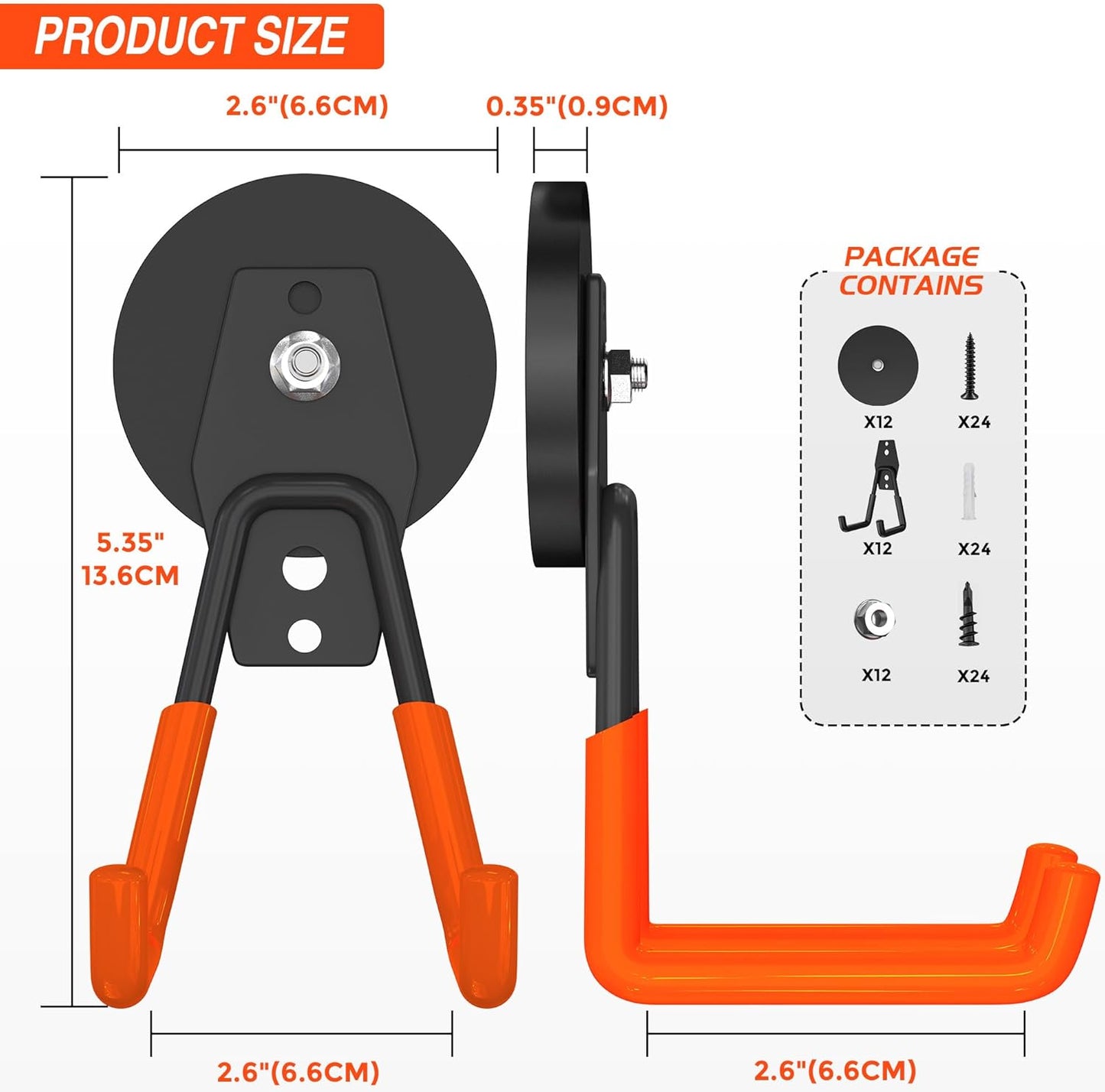 12 Pcs Magnetic Hooks Heavy Duty, Large Strong Magnetic Storage Hook for Hanging Garage Tool, 66mm Magnet Hooks with Anti-Slip Coating, Magnetic Holder for Power Drill/Metal Cabinet/Garden Tools