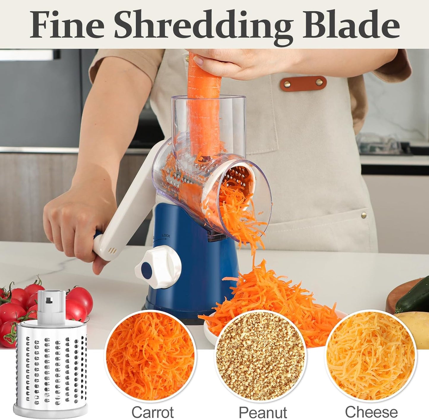 Cambom Rotary Cheese Grater Hand Crank Cheese Shredder for Fresh Cheese, Vegetable, Nuts, Non-slip Suction Base,Five Blades, Deep Blue