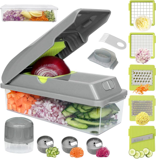 LHS Vegetable Chopper, Multifunctional Food Chopper, Pro Onion Chopper, Vegetable Slicer Dicer Cutter with 5 Blades, Veggie Chopper with Container, 3 in 1 Spiralizer Included(9-in-1,Grey)