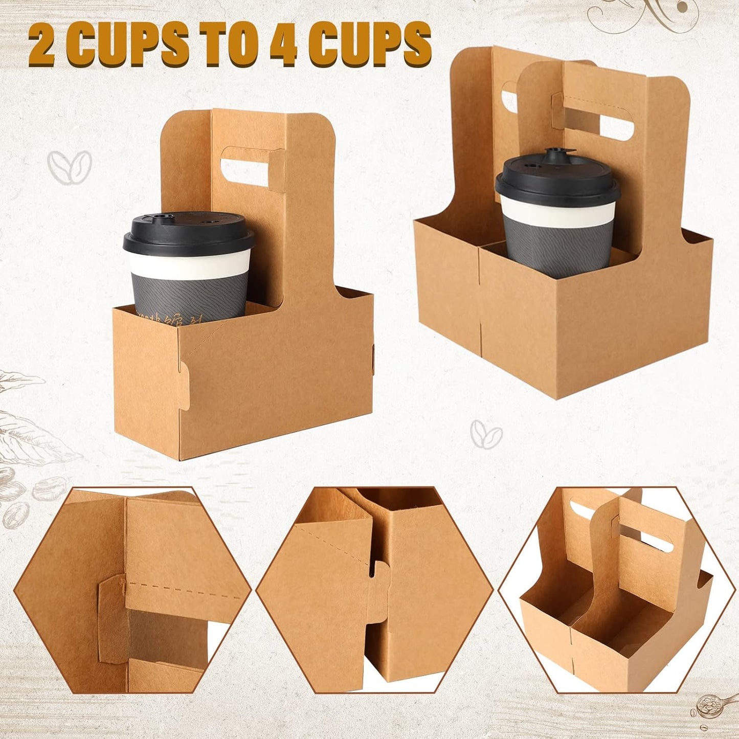 Nuogo 50 Pack 2 Cup Drink Carrier Handled Drink Carrier Holder Disposable Cup Holder Paper Cup with Handle Take Out to Go Coffee for Restaurants Food Delivery