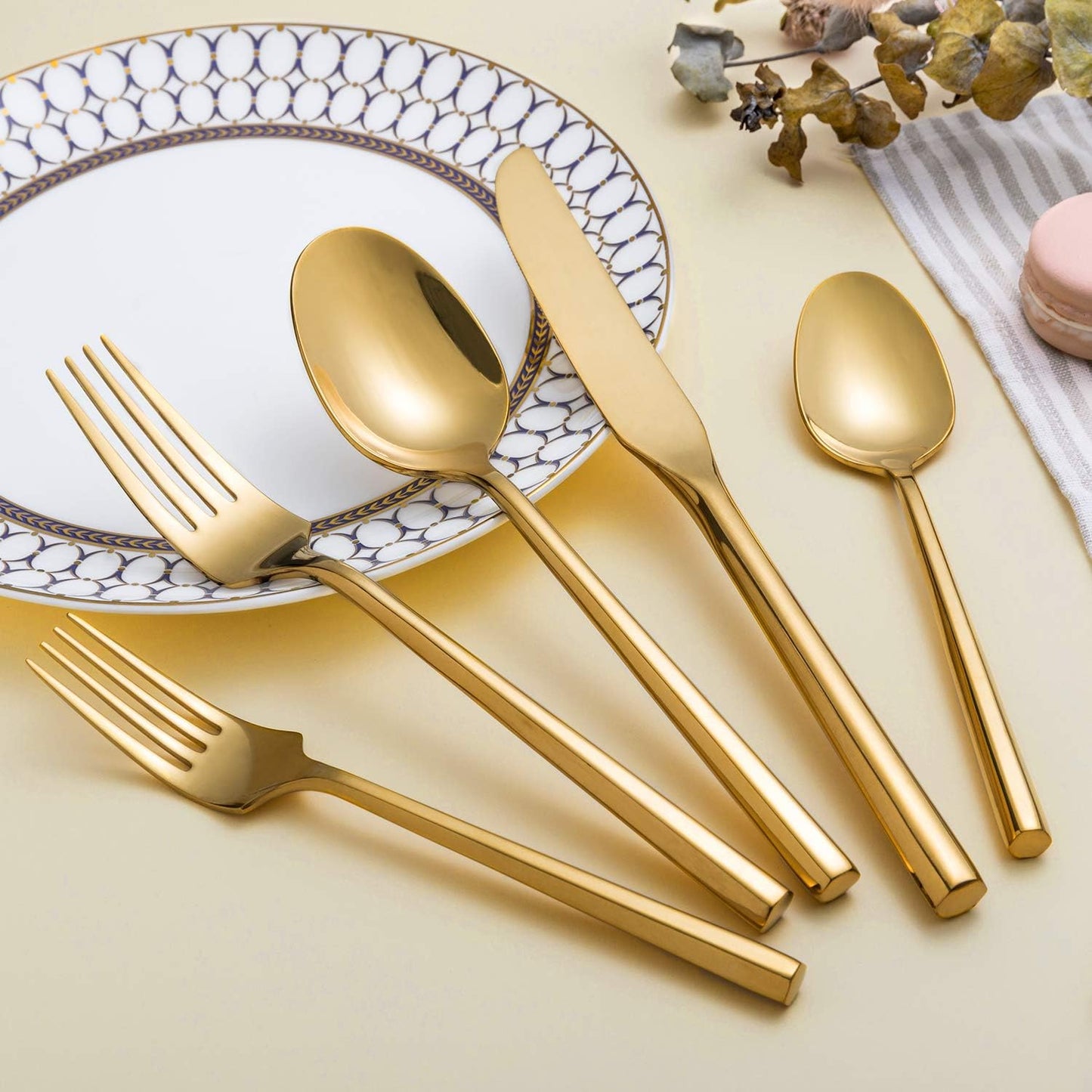 Silverware Set Flatware Set Shiny Gold Cutlery Set with Hexagon Handle Forged Stainless Steel Heavy 20 Pieces For Home Hotel Use Service for 4