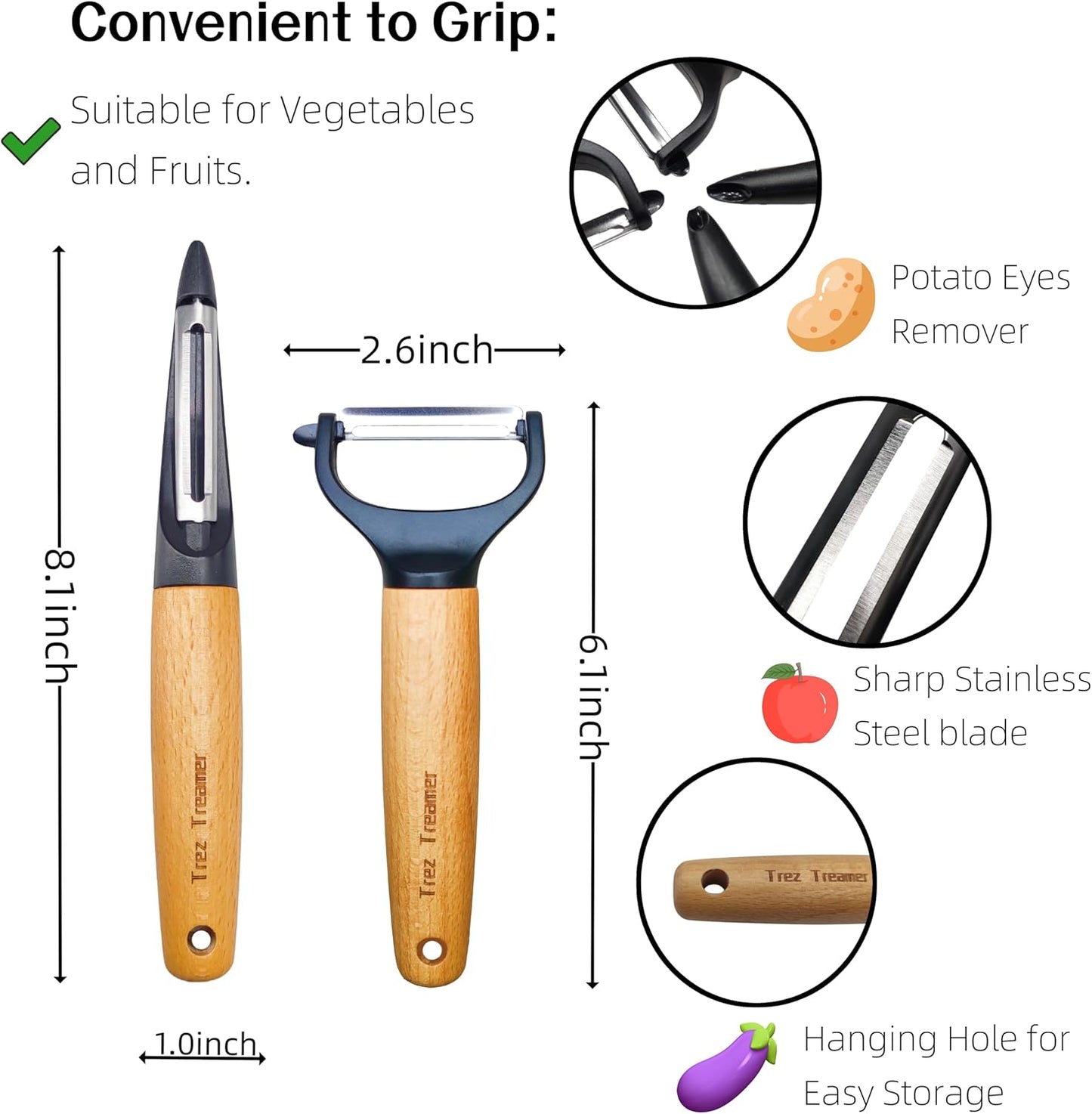 Trez Treamer 2 pack Vegetable Peelers for Kitchen, Super Sharp Wooden Potato Peeler Set Apple Cucumber Carrot Fruit Potatoes Veggie Peeler Bulk with Stainless Steel Blade，Dishwasher Safe