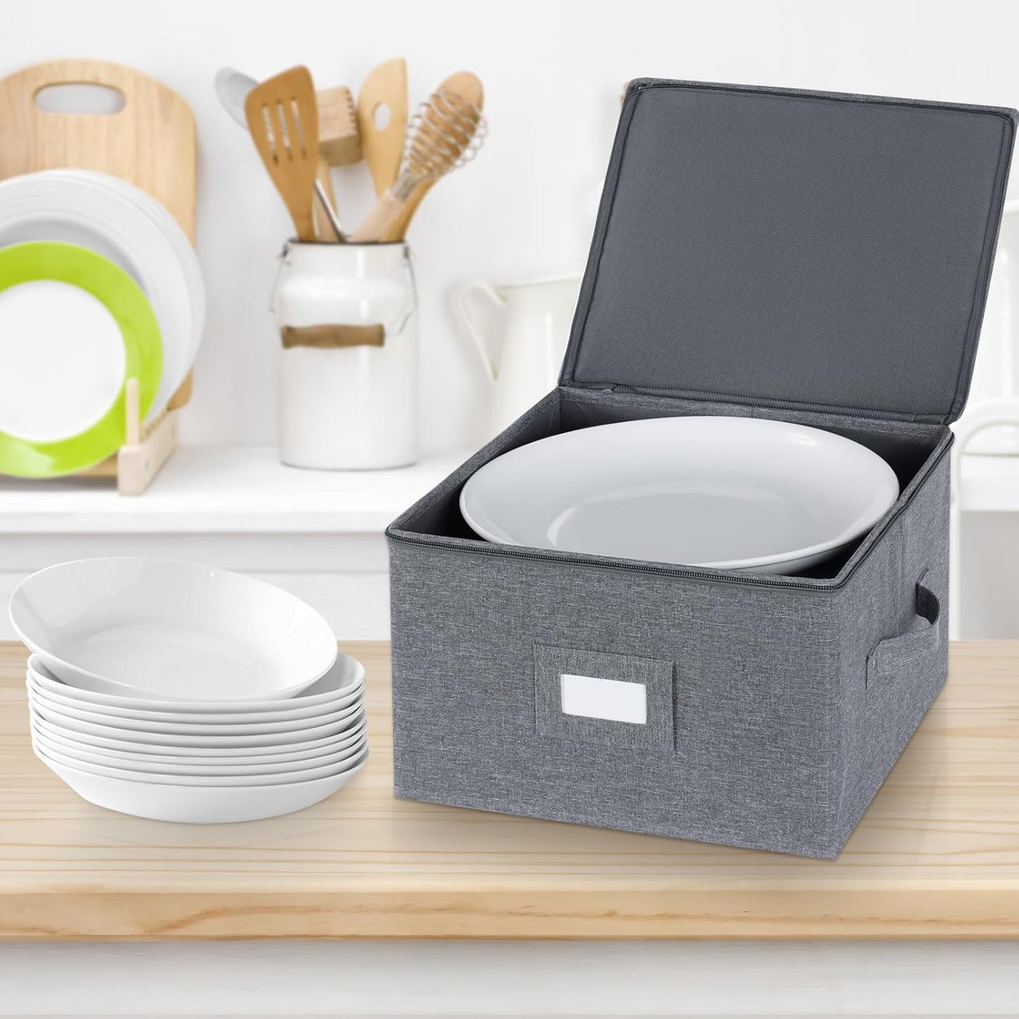 popoly China Storage Containers Inside 12" W x 8" H, Dinnerware Storage Box for Dishes Plate Storage with 24 Felt Dividers, Hold 24 Plates, Hard Shell and Stackable（4PACK