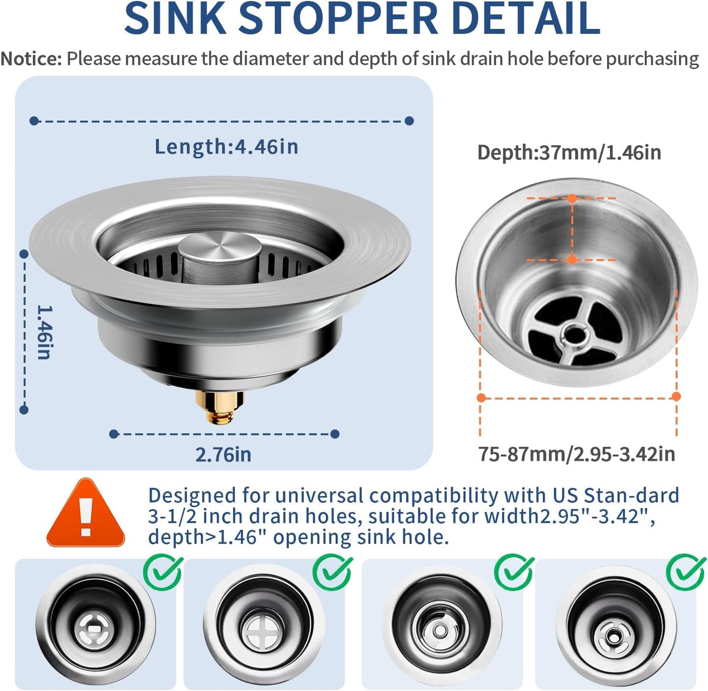 3-in-1 Kitchen Sink Drain Strainer & Sink Stopper 2 Pack - 304 Stainless Steel Sink Drain Strainer, Pop-Up Anti-Clog Design, Fits Standard 3-1/2'' Sink Drains