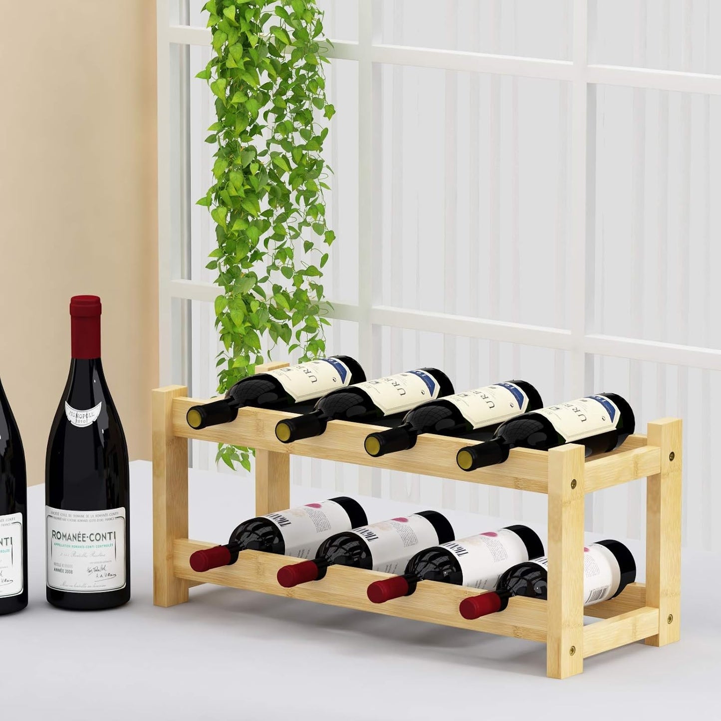 BAMEOS Wine Rack Freestanding 8 Bottle 2 Tier Bamboo Wine Racks Countertop Cabinet Wine Holder Wine Storage Shelf for Kitchen, Bar, Pantry, Wine Cellar, Basement, Countertop (16.85 L x 9.25W x 7H)