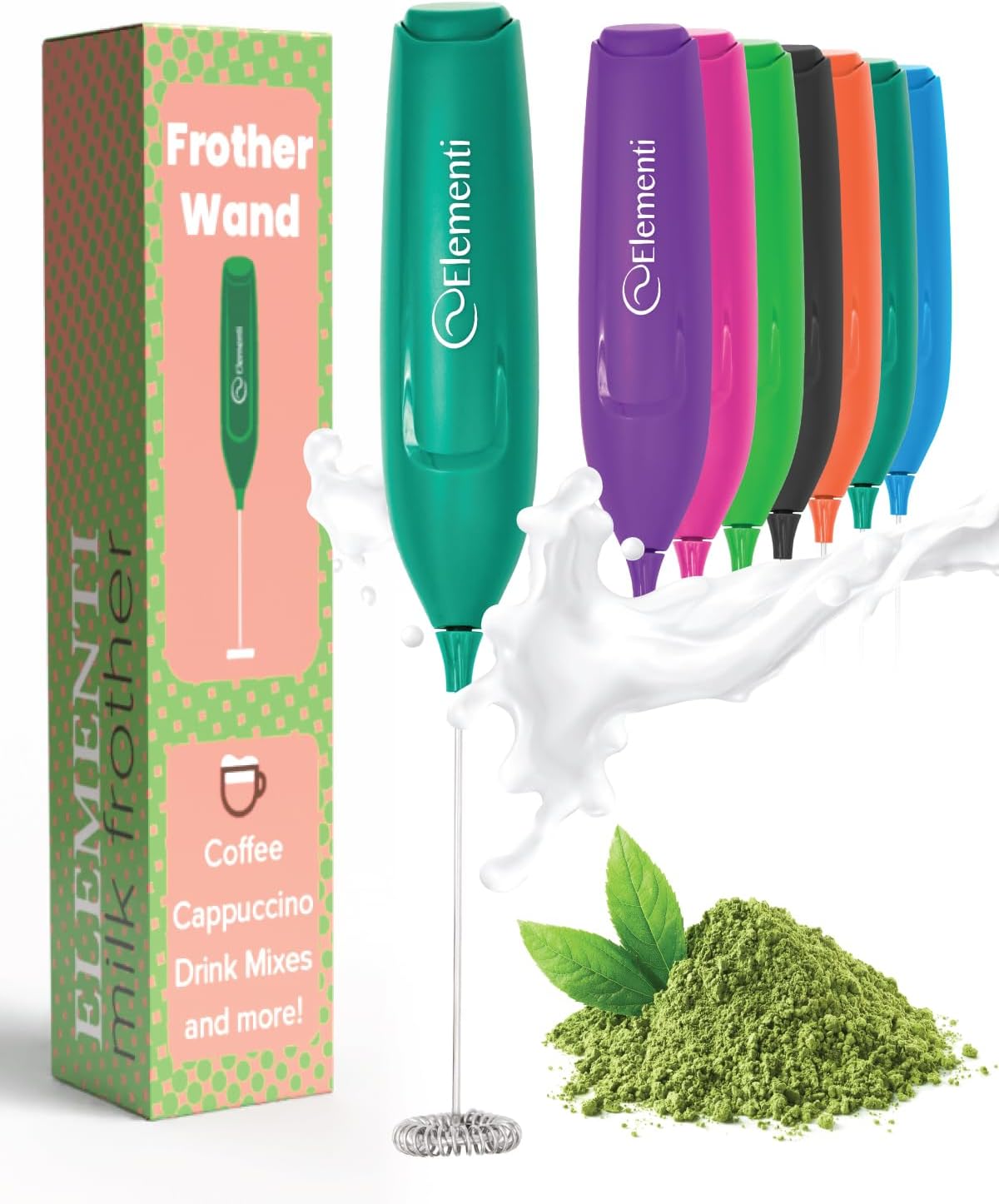 Elementi Powerful Matcha Whisk – Lightweight Matcha Frother Wand & Drink Mixer Handheld, High Speed Mini Whisk for Tea & More, Coffee Mixer Wand, Milk Frother Handheld (Emerald Green)
