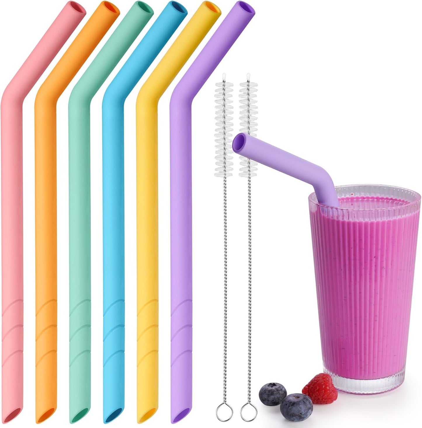 NiHome 6-Pack Extra Wide Reusable Bent Silicone Straws for Boba, Smoothies, Bubble Tea, Bent Straws Eco-Friendly & Colorful for Thick Drinks, Child-Safe, Customizable Length, 2 Brushes Easy Cleaning