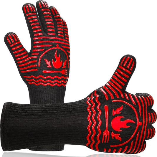 BBQ Gloves, 1472°F Extreme Heat Resistant Grill Gloves, Non-Slip Food Grade Silicone Oven Mitts Gloves for Kitchen, Cooking, Barbecue, Baking, Smoker Red(14inch)