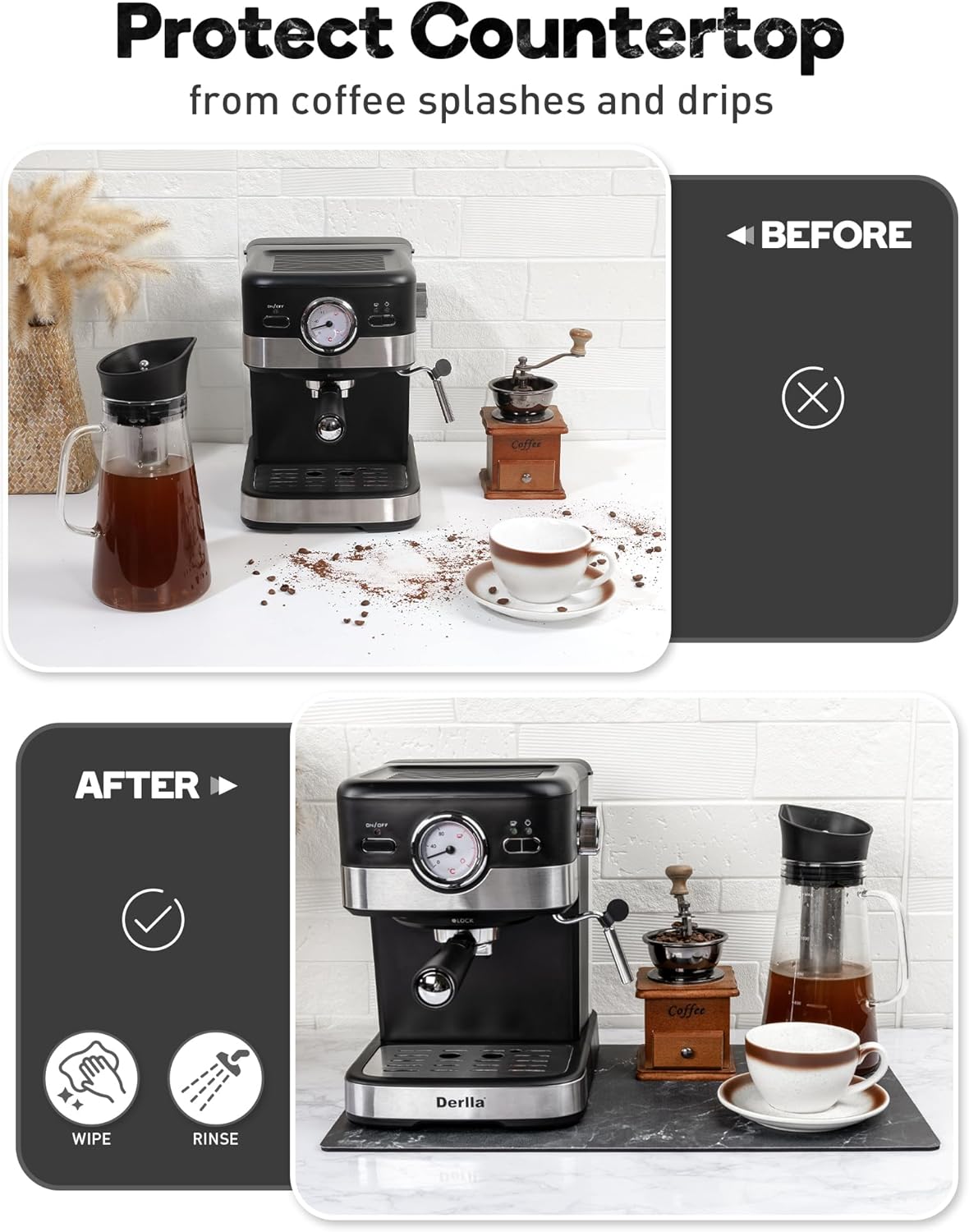 SUEH DESIGN Coffee Mat, Absorbent Dish Drying Mat 19.6 x 11.8 in Quick Dry Coffee Mat Large Drying Mats for Kitchen Counter Coffee Bar, Marble Black