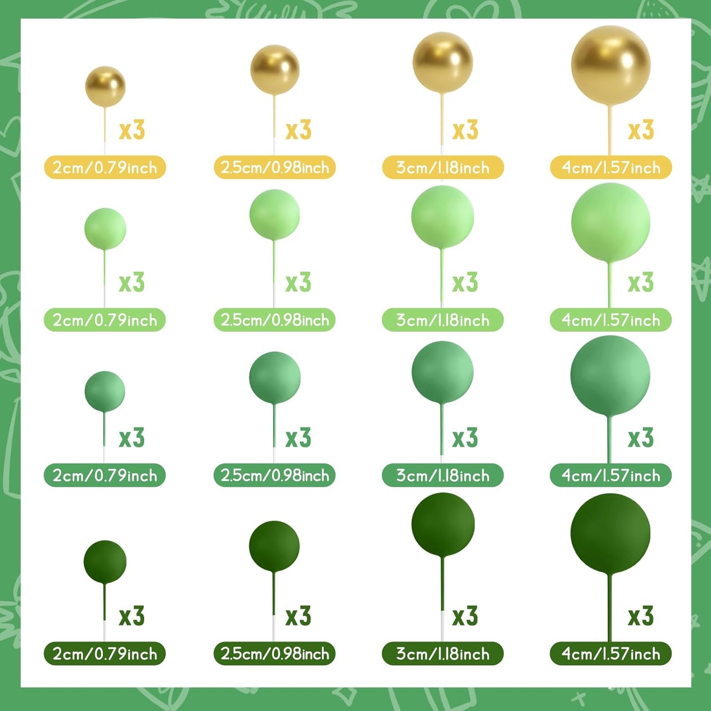 48 Pcs Balls Cake Topper Decorations Balloon Cupcake Toppers Foam Cake Topper Balls Cake Balls Decorations for Birthday Party Cake Decorating (Green, Gold)