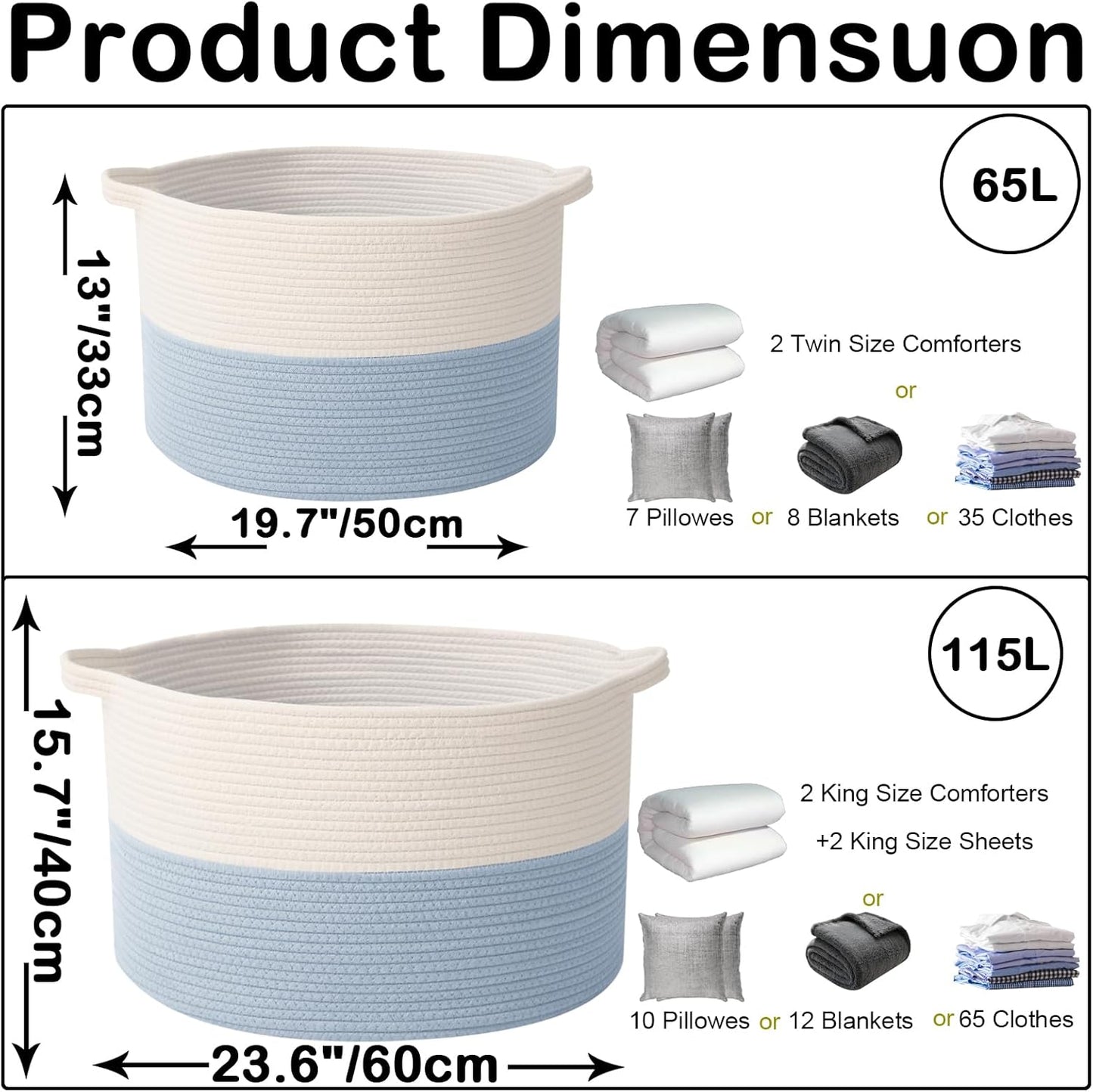 Large Blanket Basket for Organizing,115L Closet Organizers and Storage Bins Box for Shelves Woven Rope Storage Baskets,Living Room,Bedroom,Dorm,Laundry room (White&Blue)