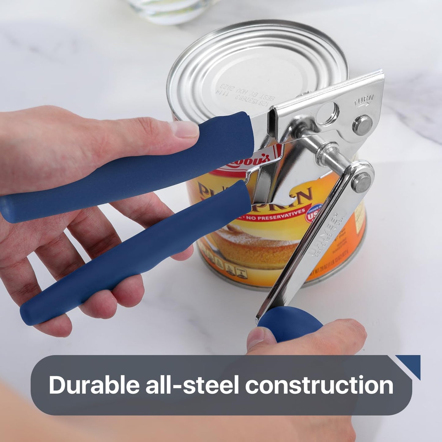 Commercial Can Opener, UHIYEE Hand Crank Can Opener Manual Heavy Duty with Comfortable Extra-long Handles, Oversized Knob, Large Handheld Can Open Easy for Big Cans, Blue