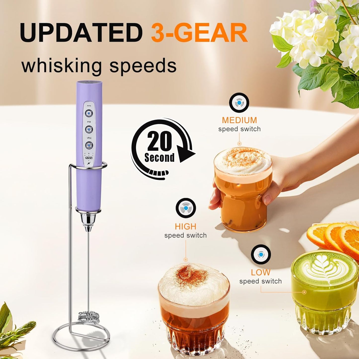 YUSWKO Light Purple Rechargeable Milk Frother for Coffee with Stand, Handheld Drink Mixer with 3 Heads 3 Speeds Electric Stirrers for Latte, Cappuccino, Hot Chocolate, Egg