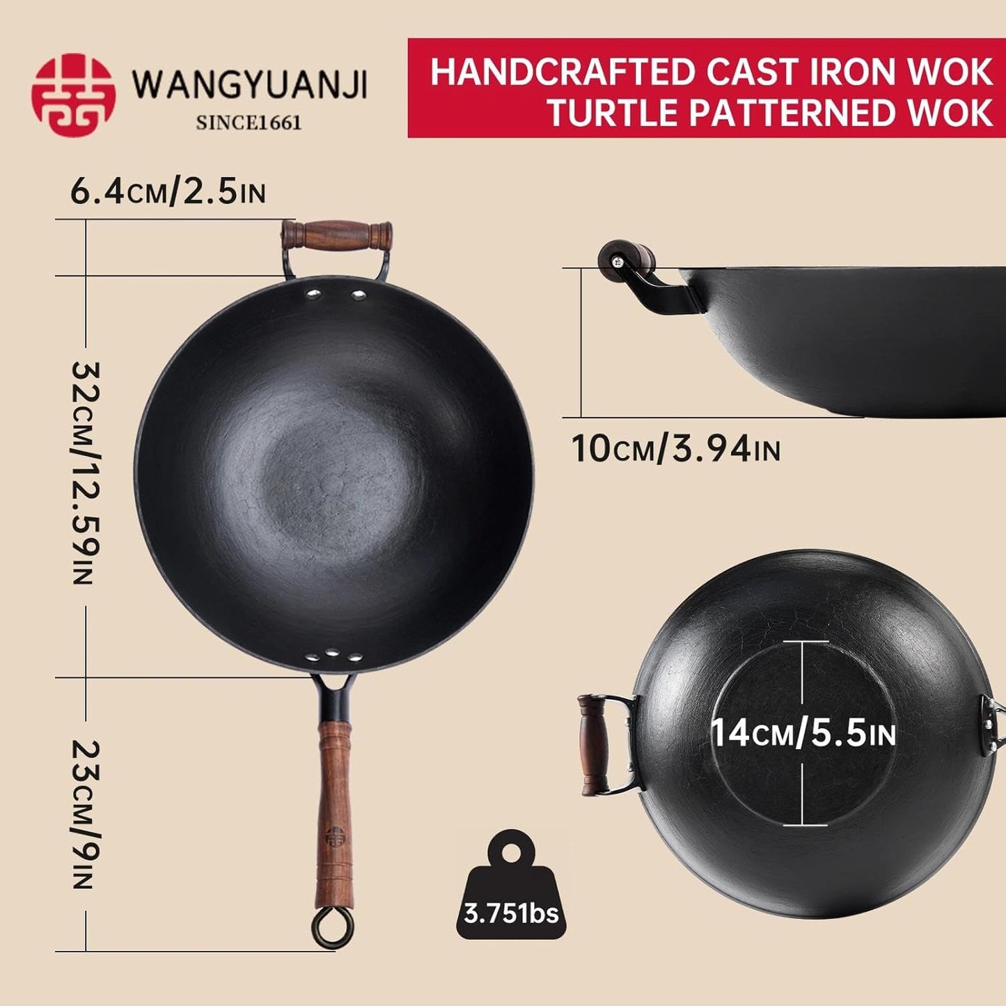 WANGYUANJI Cast Iron Wok,12.59 inch Flat Bottom Wok with Glass Lid,Suitable for All Cooktops, Uncoated Craft Pot Healthy Cooking Pot