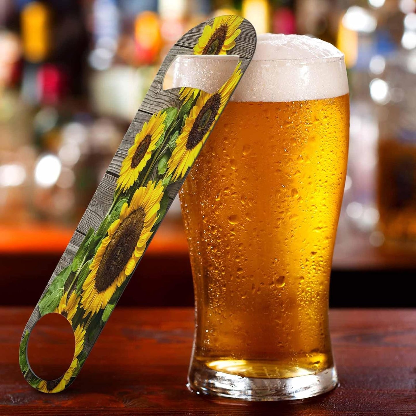 Sunflowers Stainless Steel Bottle Opener Wooden Board Yellow Flower Rustic Fence Natur Color Simple Flat Beer Bottle Opener Keychain for Home Kitchen Bar Restaurant Party Birthday Gift