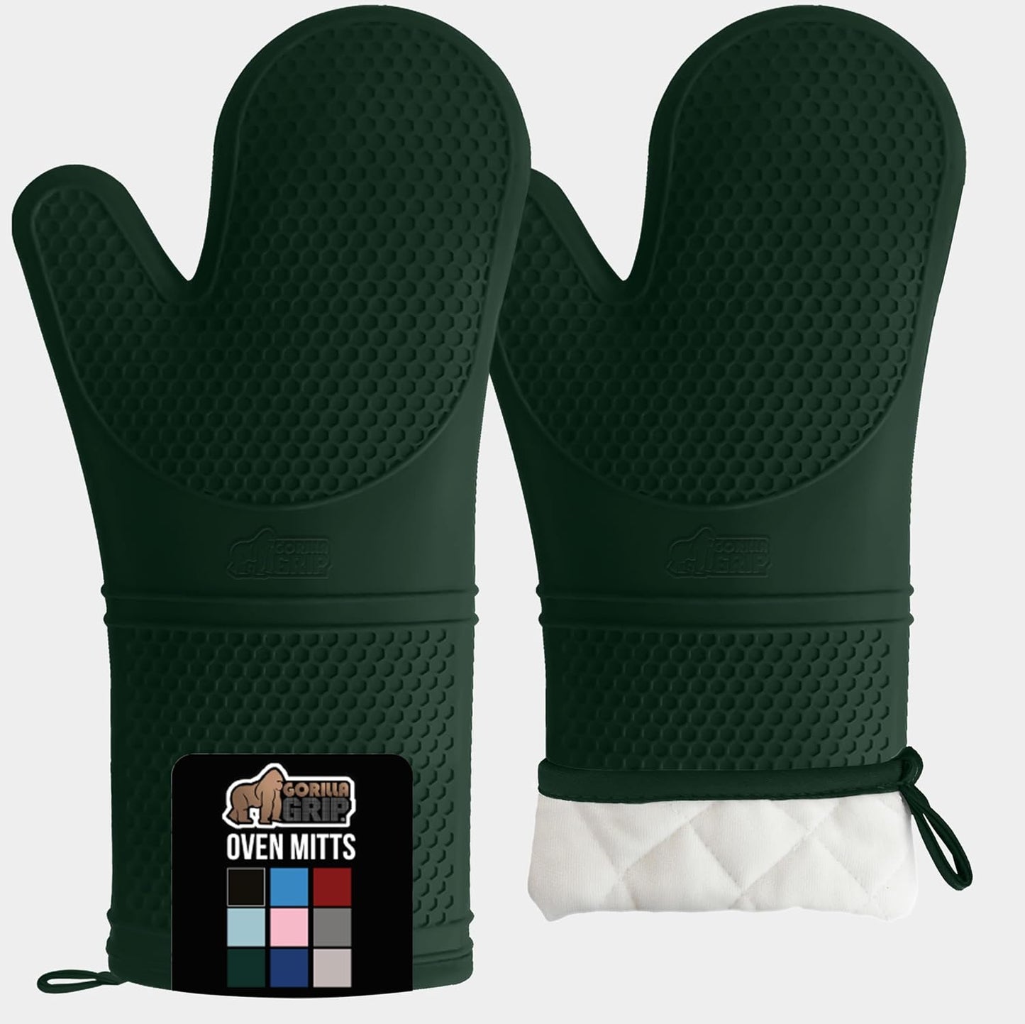 GORILLA GRIP BPA-Free Soft Silicone Oven Mitts, 14.5x8.3, Heat Resistant and Waterproof Cooking Gloves, Thick Cotton Lining, Flexible Gripping for Baking Grilling, Kitchen Potholders Set, Hunter Green