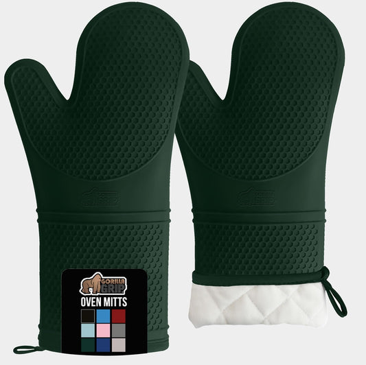 GORILLA GRIP BPA-Free Soft Silicone Oven Mitts, 14.5x8.3, Heat Resistant and Waterproof Cooking Gloves, Thick Cotton Lining, Flexible Gripping for Baking Grilling, Kitchen Potholders Set, Hunter Green